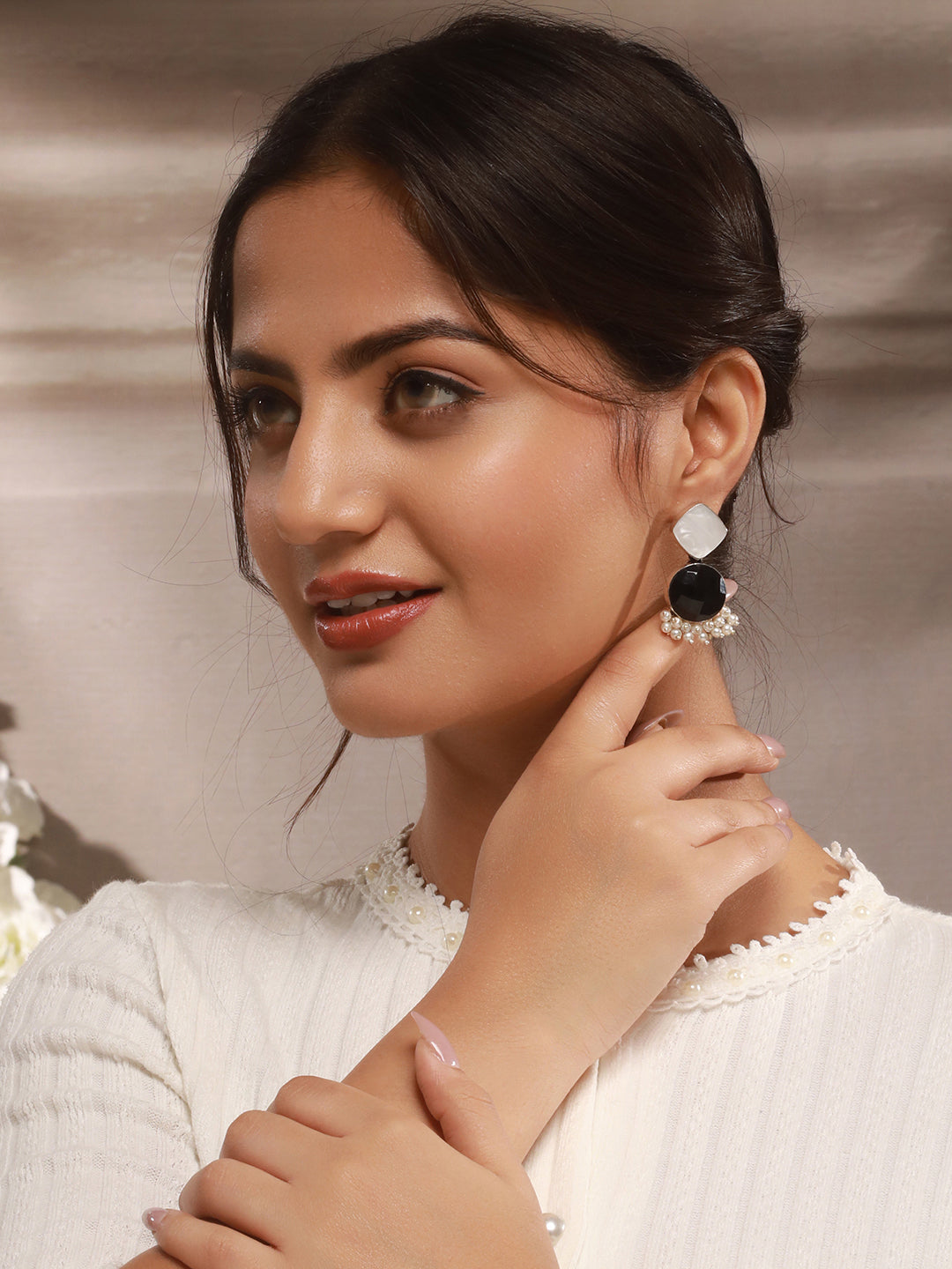 Silver Oxidised Black Stone Studded Pearl Beaded Minimal  Drop earrings