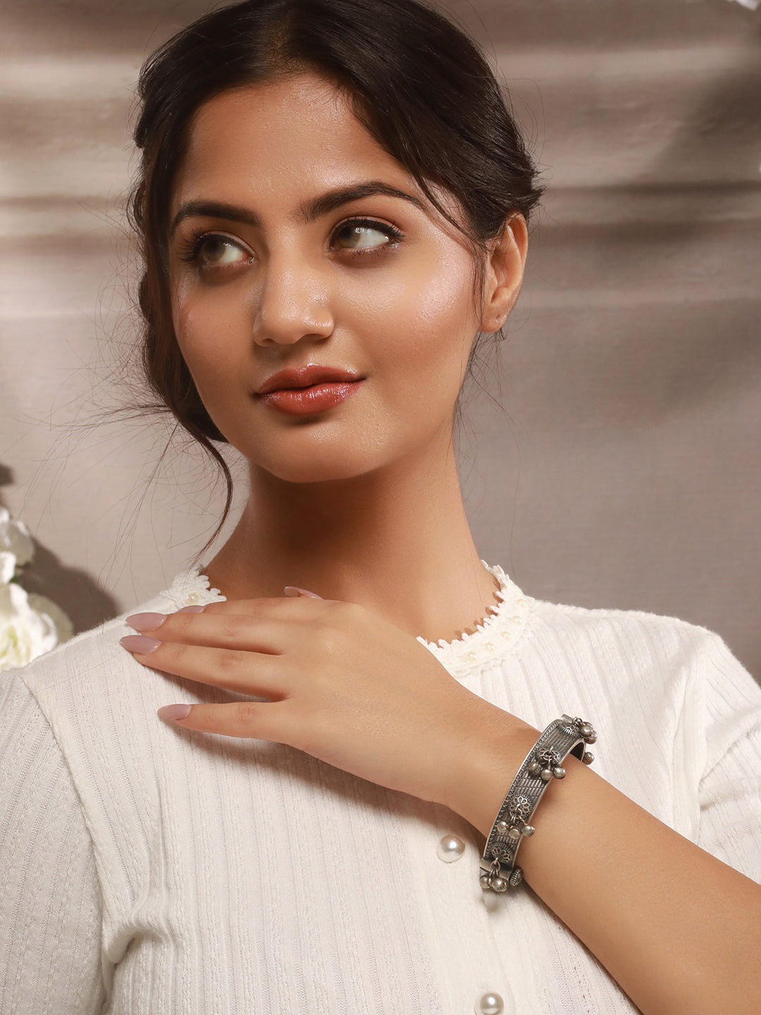 Silver Oxidised Tribal Boho Statement Ghungroo Kada Bangle Bracelet