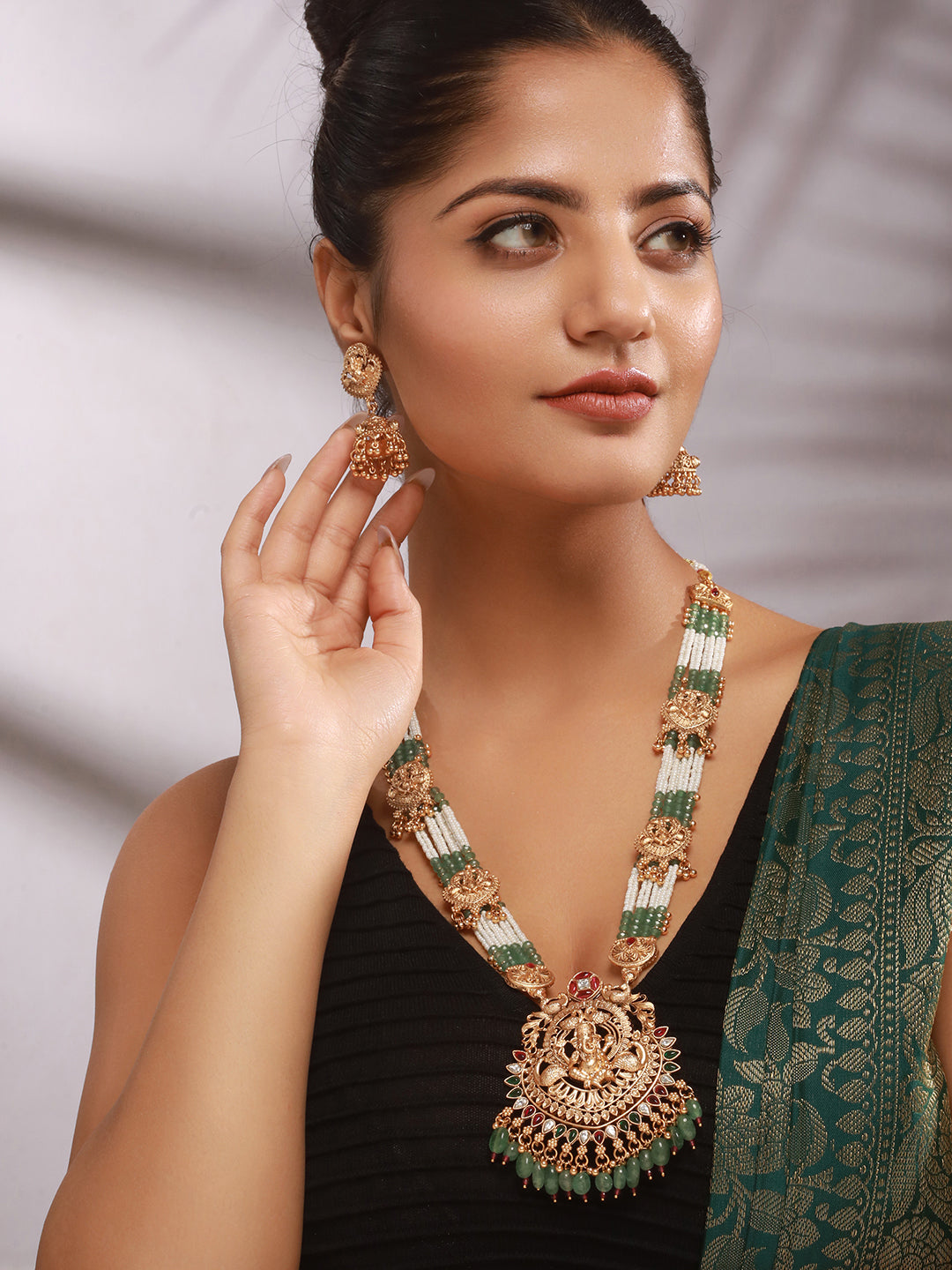 Gold Plated Green Pearl Beaded Ganesha  Motif Long haram Temple Jeellery Set