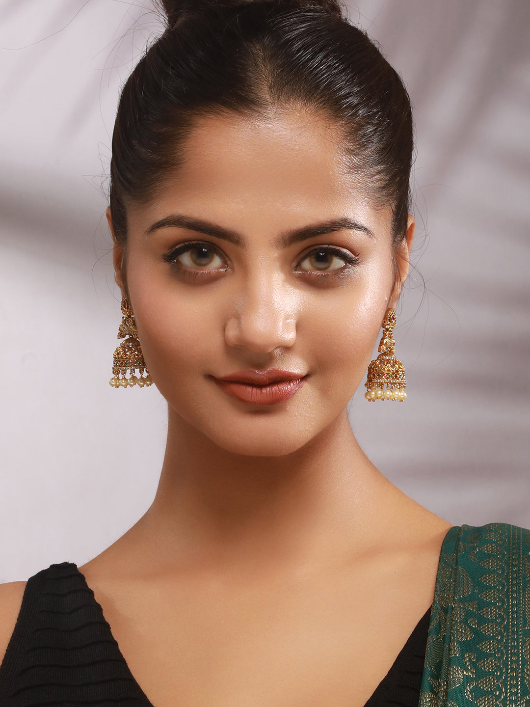 Gold Toned Red Kempo Studded Peacock Temple bridal Jhumka Earrings