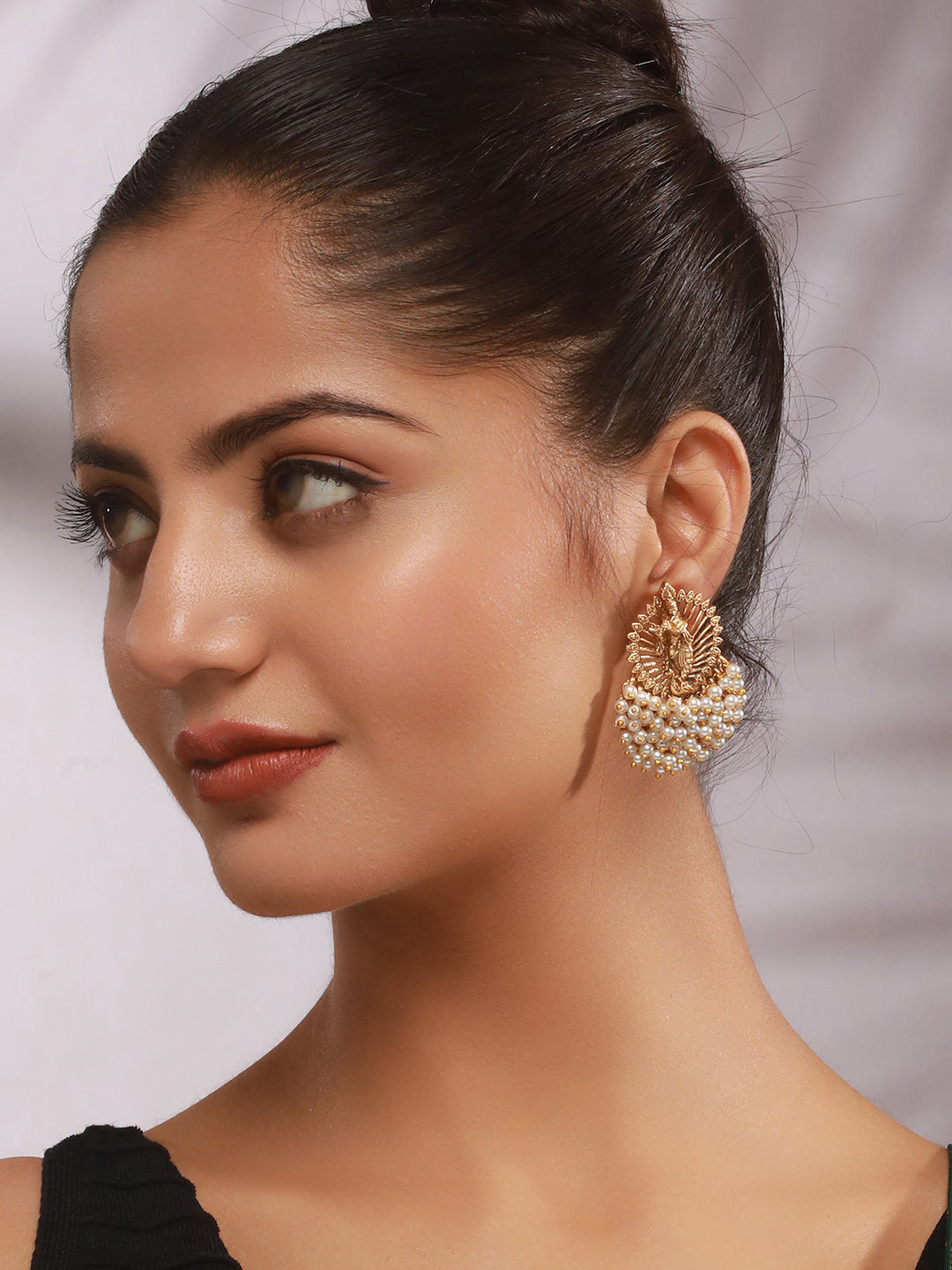 Gold Plated Perarls Beaded Shri krishna Designer large Studds earring