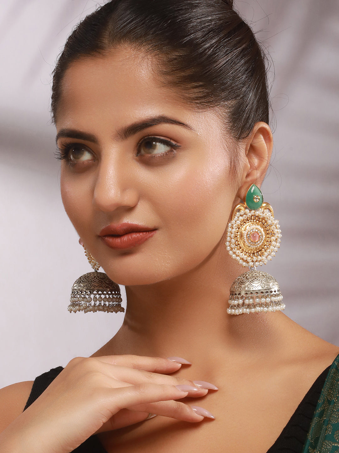 Dual Toned Gold & Oxidised Pearl Beaded Designer Lightweight Large Jhumka Earrings