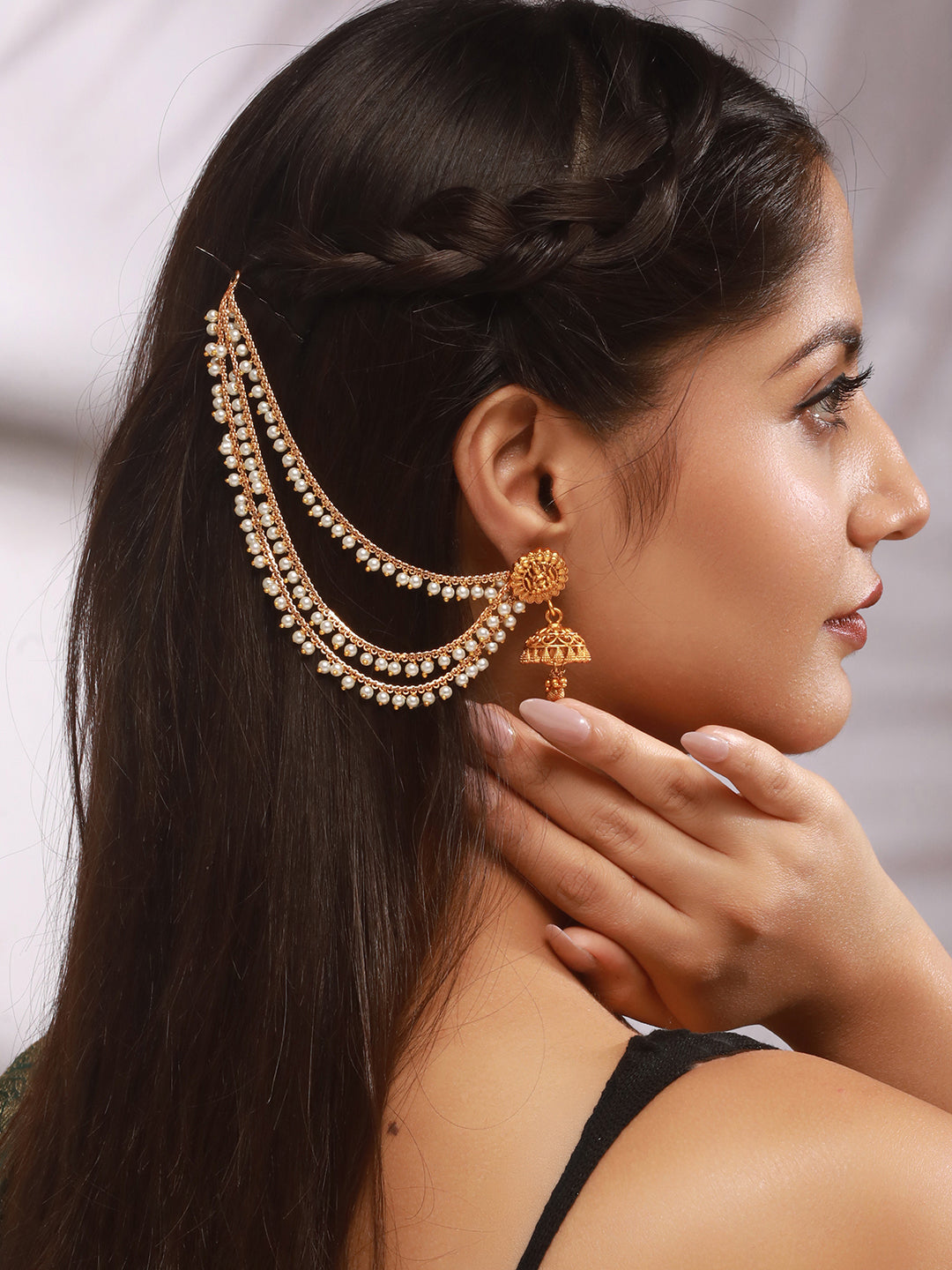 Gold Plated Temple Pearl Beaded  Multilayered Matil Earchain