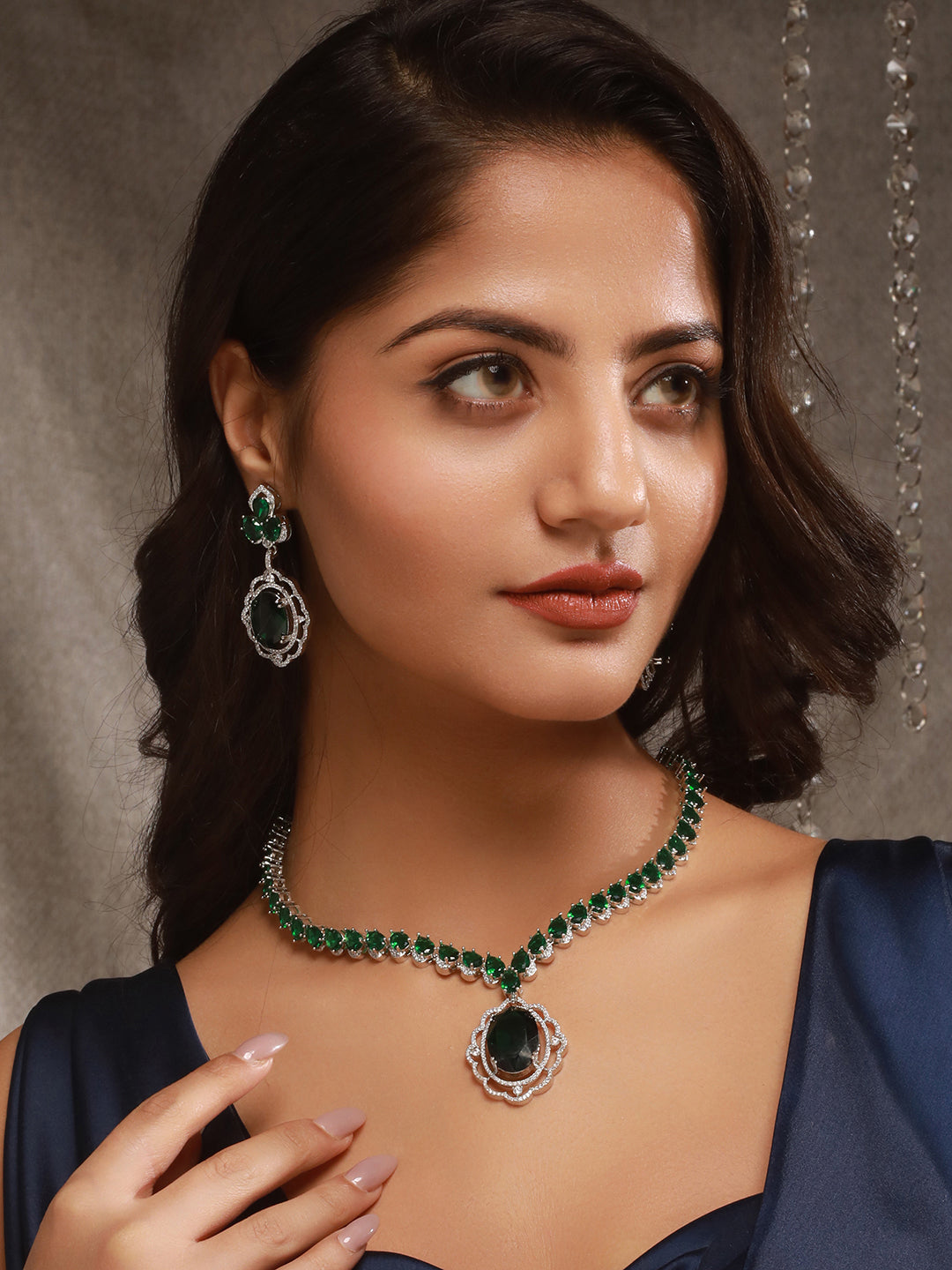 Silver Rhodium Plated Emerald Green Cubic Zirconia  Designer Bridal  Pendant Jewellery Set