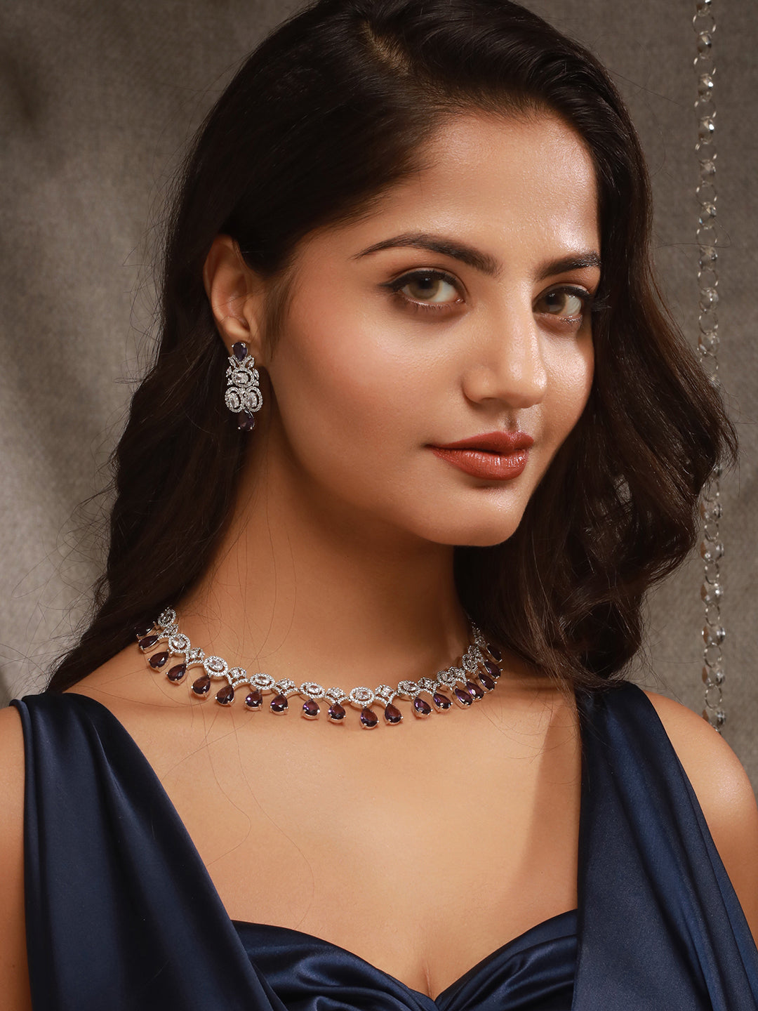 Silver Toned Rhodium Plated Amethyst AD Zirconia Studded Charms Designer Minimal Jewellery Set