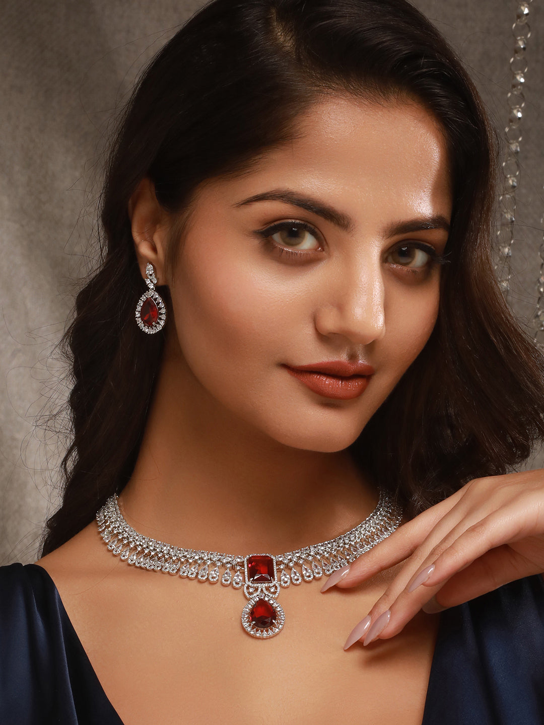 Silver Toned Rhodium Ruby Red AD Zircon Studded Designer Bridal Jewellery Set