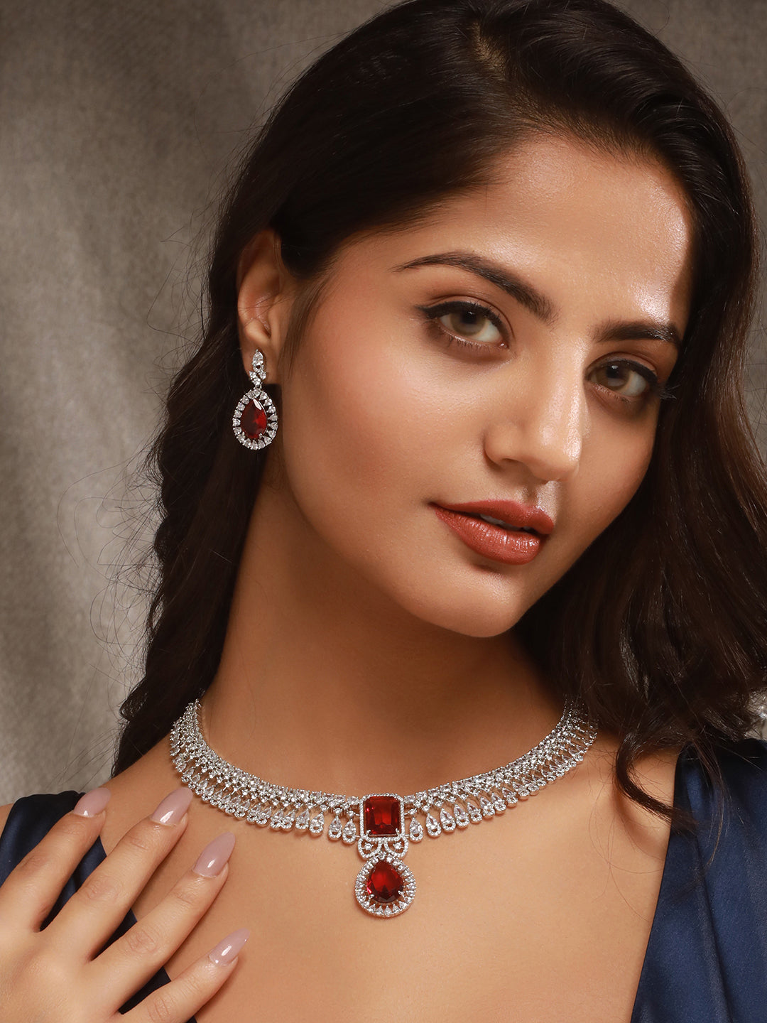 Silver Toned Rhodium Ruby Red AD Zircon Studded Designer Bridal Jewellery Set