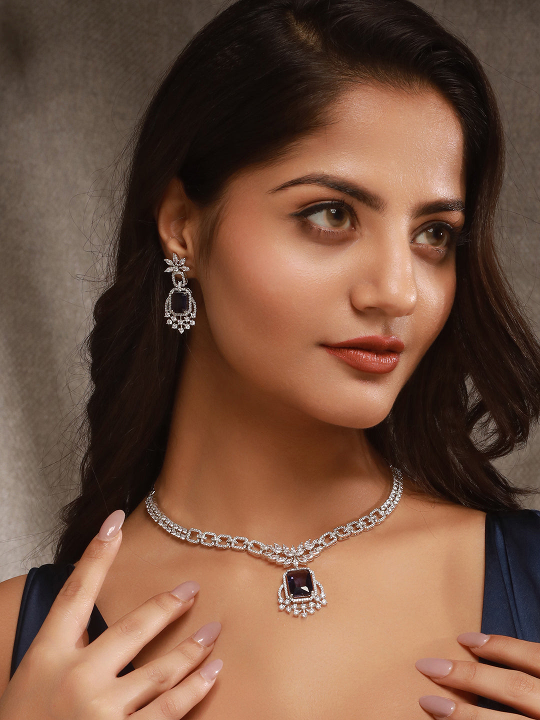 Silver Toned Purple Blue AD Zirconia Studded Floral Designer necklace Jewellery Set