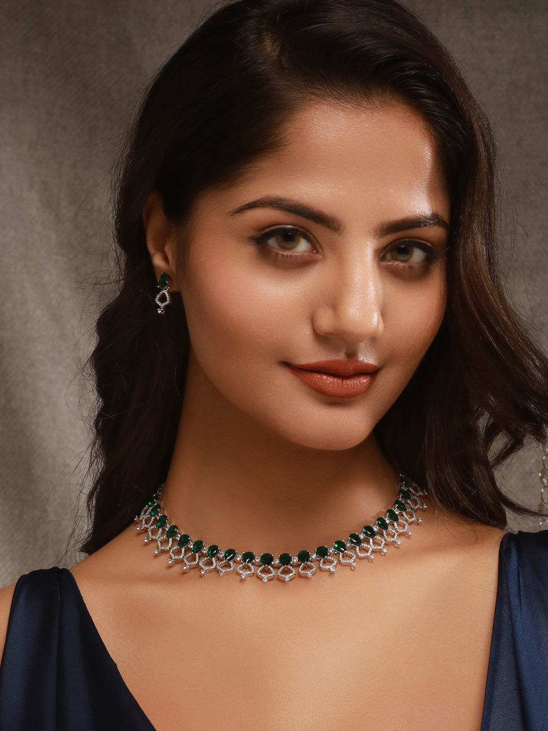 Silver Toned Rhodium Plated Emerald Green AD Studded Designer Jeellery Set