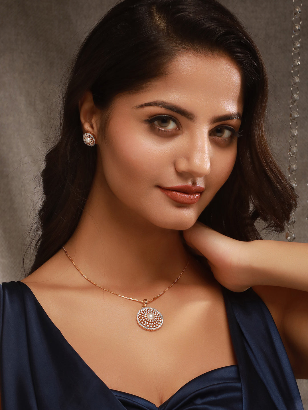 Gold Toned AD Zircon Studded Pearl Beaded Designer Pendant Chain Jewellery Set