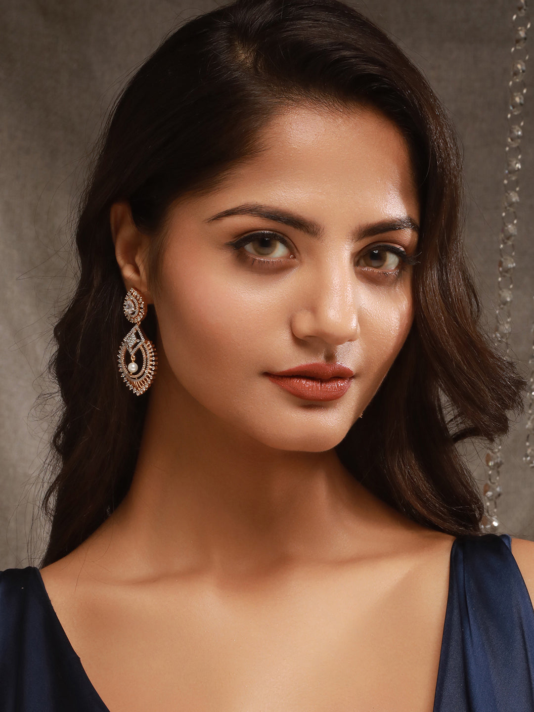 Gold Toned AD Zircon Studded Pearl Beaded Designer Chandbali earrings