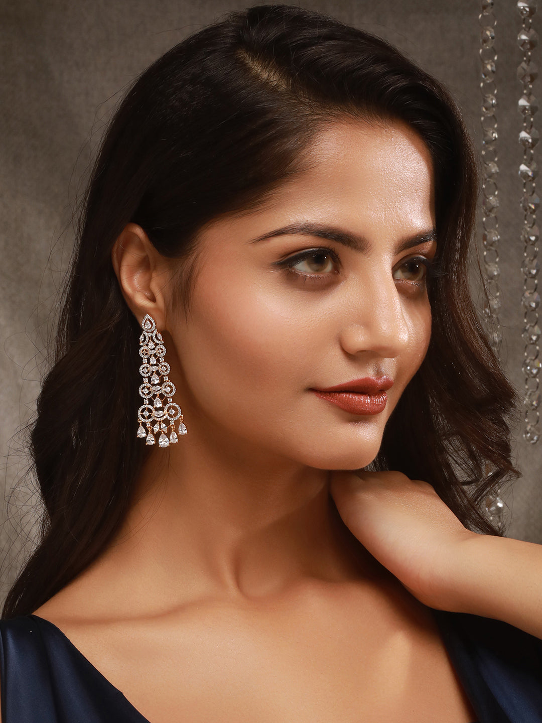 Gold Toned AD Zircon Studded Designer Dangler Partywear Earrings