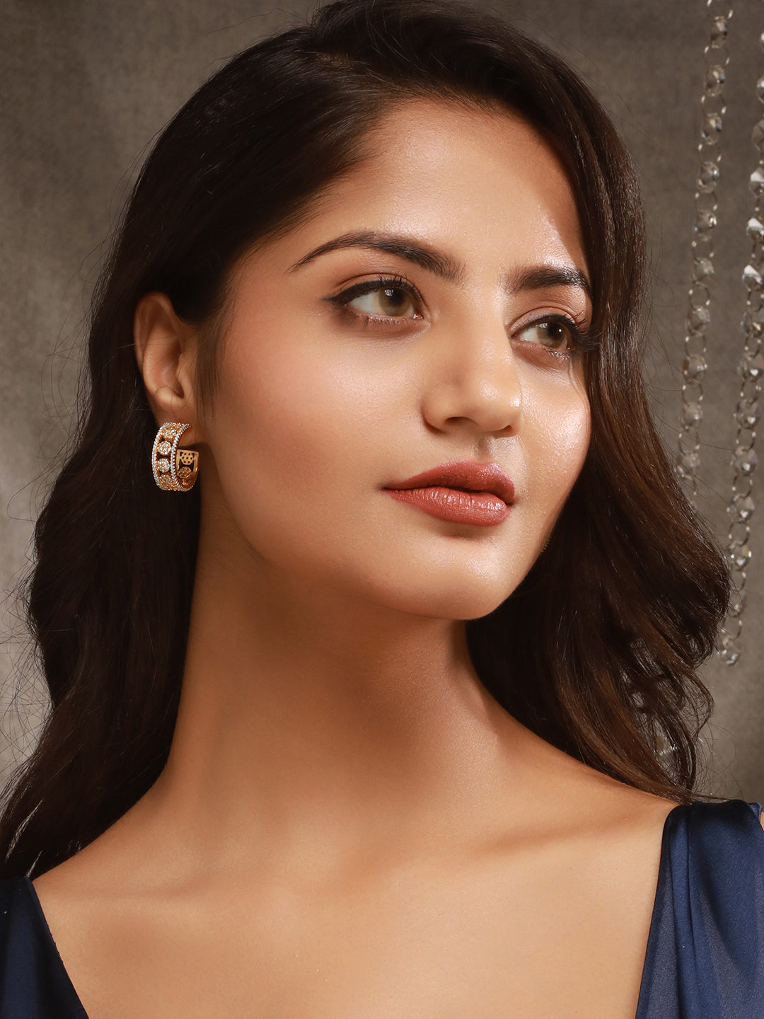 Gold Toned AD Zircon Studded C - Bali Hoop earrings