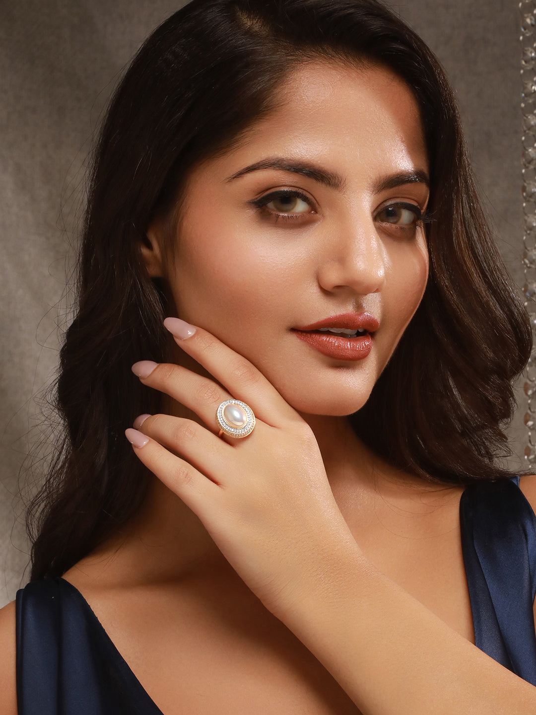 Gold Toned Off White Pearl Studded Engagement Designer Oval Adjustable Finger Rings