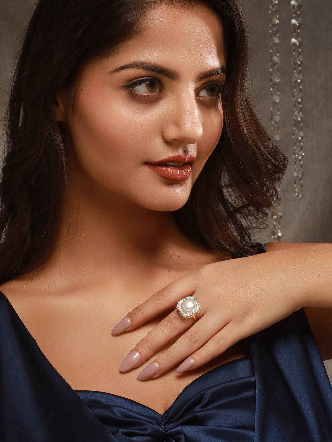 Gold Toned Off White Pearl Studded Engagement Luxe  Square Adjustable Finger Rings