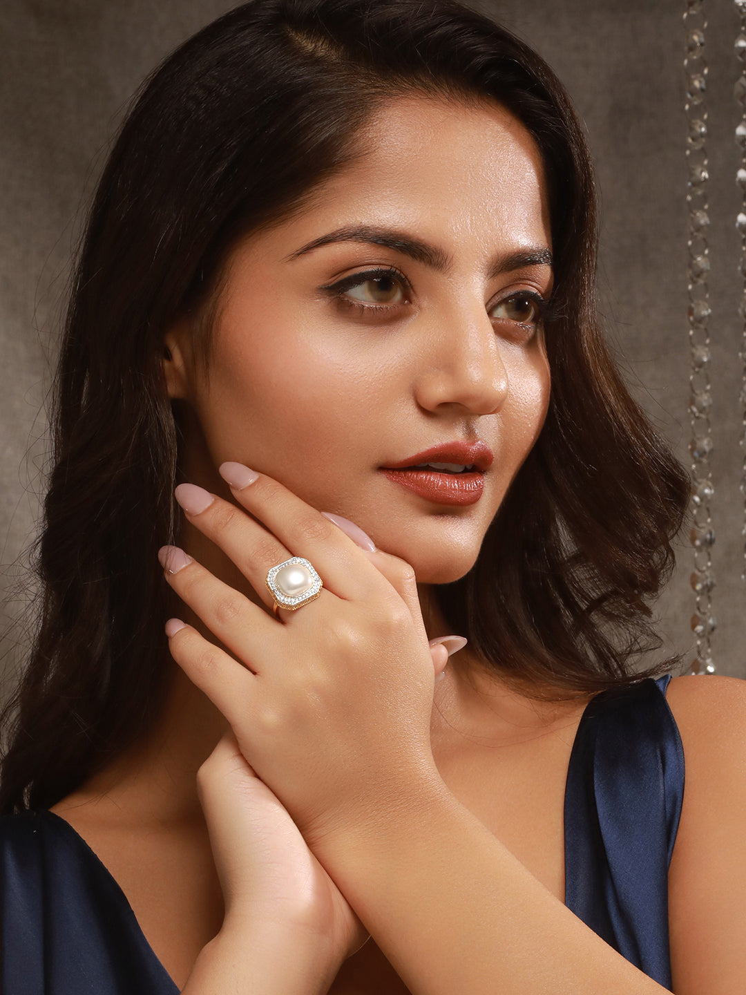 Gold Toned Off White Pearl Studded Engagement Luxe  Square Adjustable Finger Rings