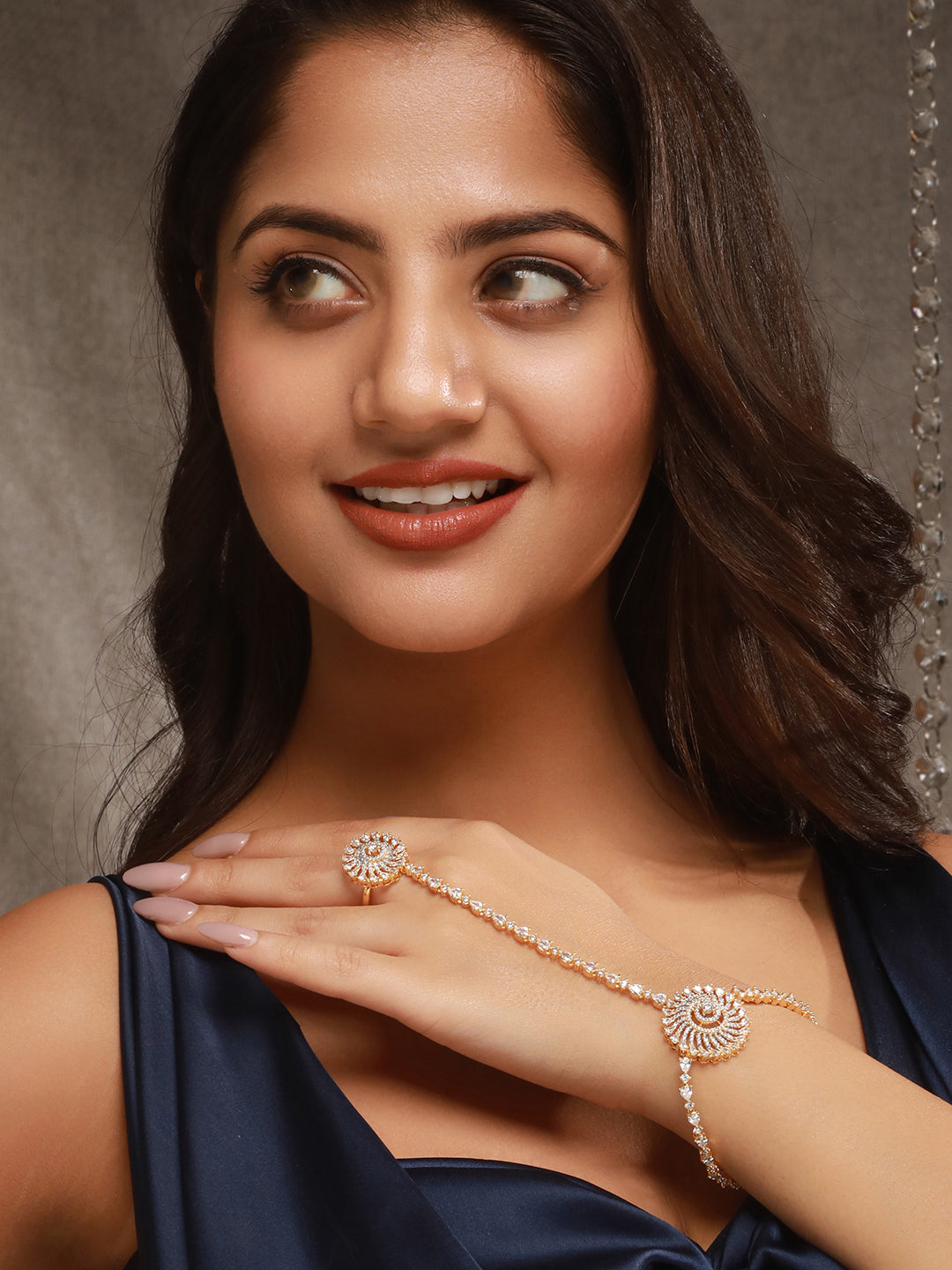 Gold Toned CZ Zircon Studded Designer Bridal Ring Bracelet Hathphool