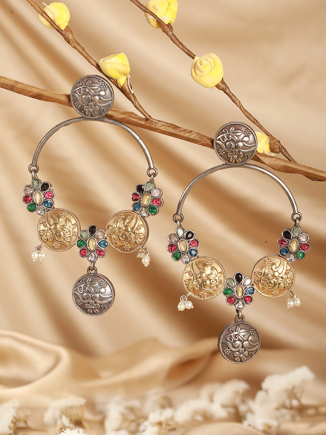 Oxidised Dual Toned Red Stone Pearl Beaded Handcrafted  Floral  Filigree large  Hoop  Chandbali Earrings