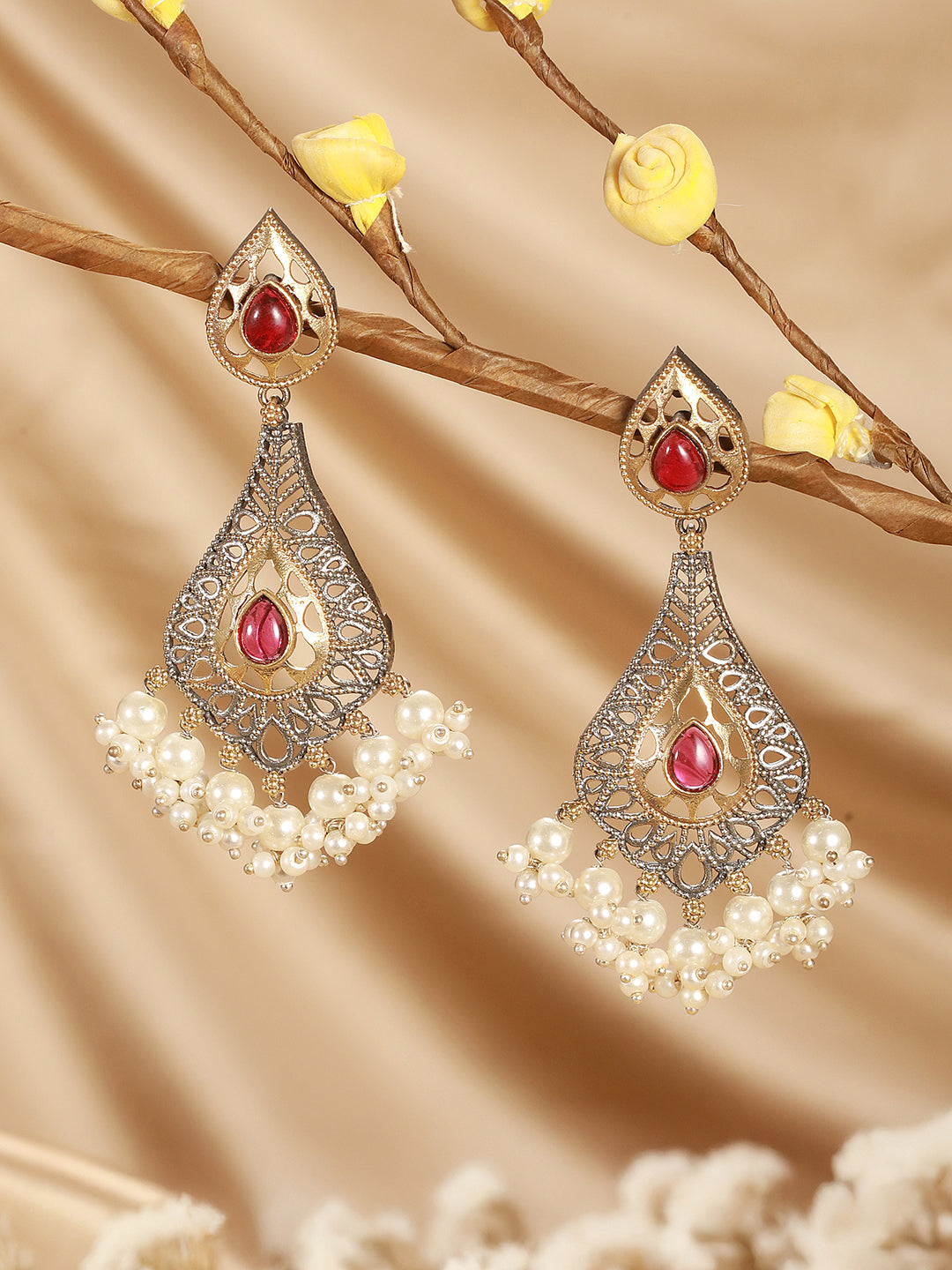 Oxidised Red Stone Studded Filigree Handcrafted Dangler Chandbali Earrings