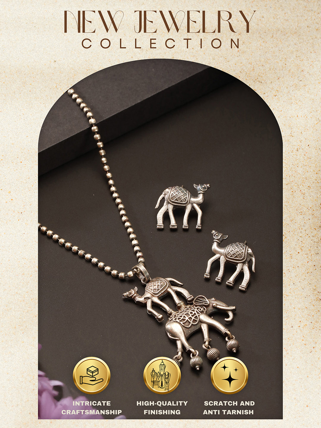 Oxidised Silver Toned Statement Tribal  Minimal Camel & elephant Motif Funky Pendant  Chain Jewellery Set