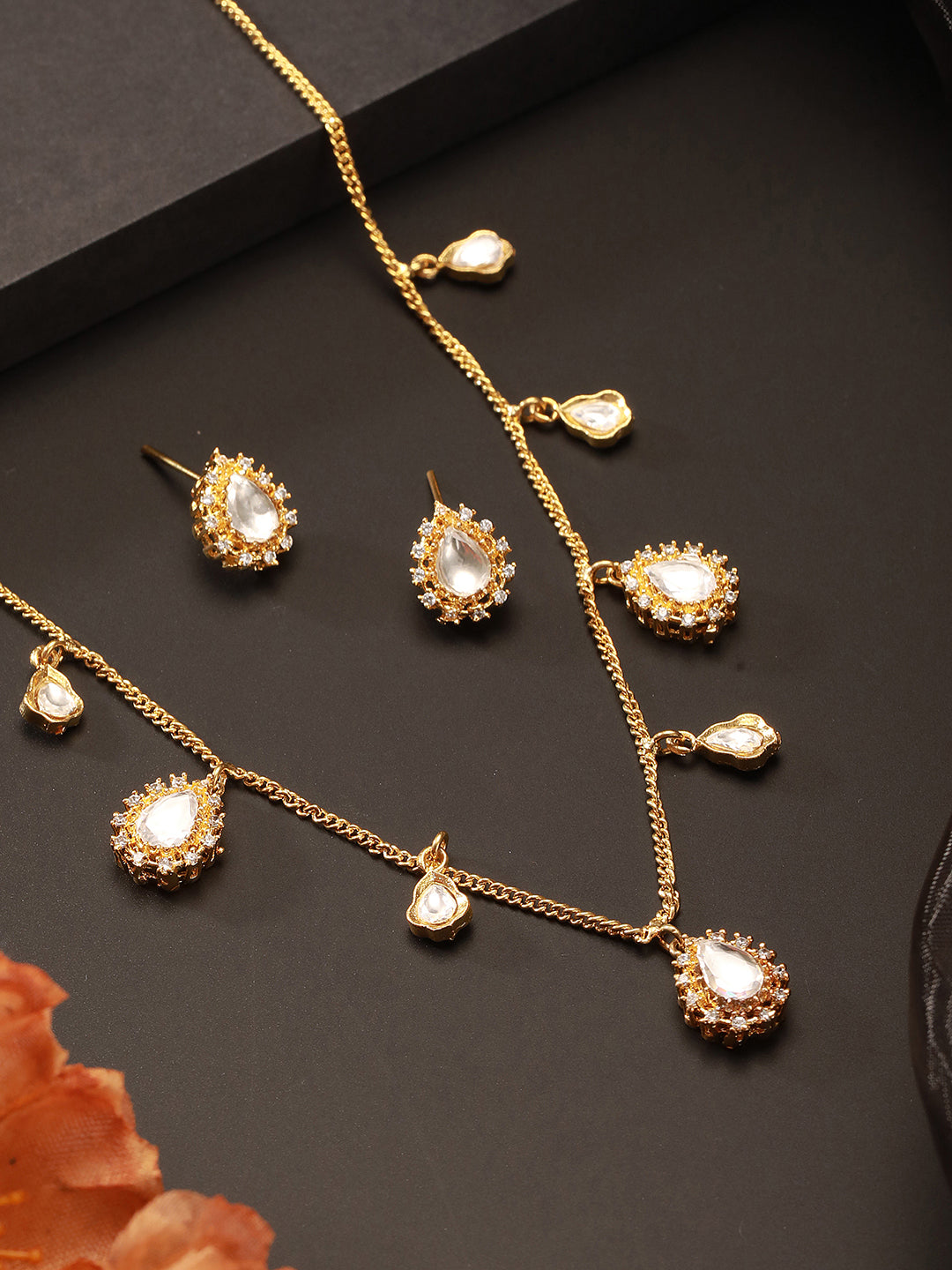 Gold Plated Kundan Polki Studded Tear Drop Delicate Chain Jewellery Set