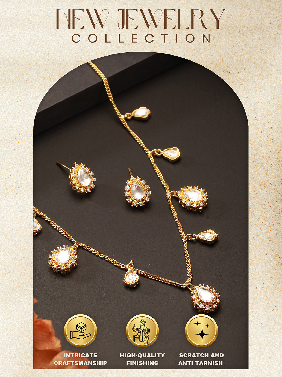 Gold Plated Kundan Polki Studded Tear Drop Delicate Chain Jewellery Set