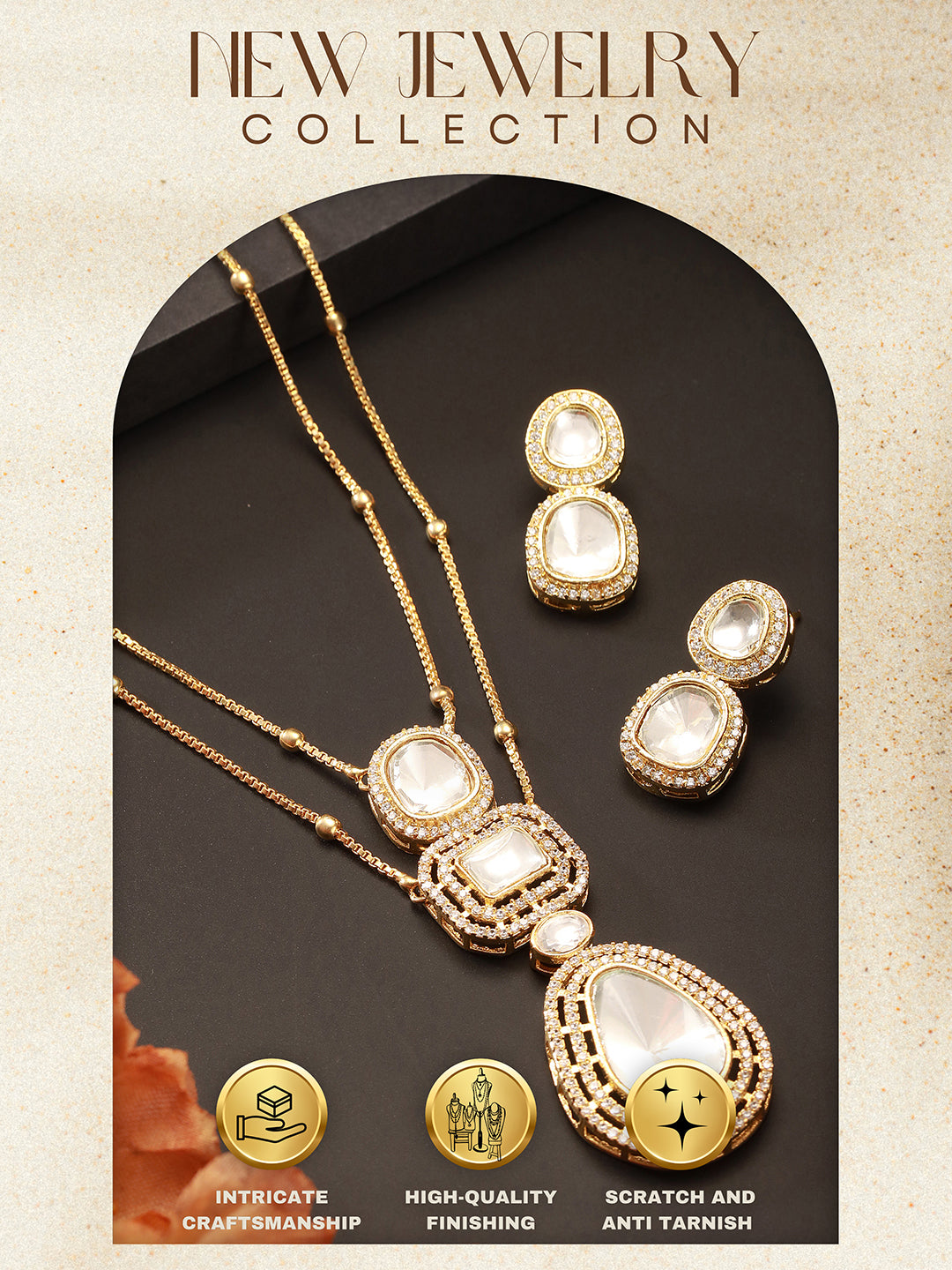Gold Plated White Victorian  Kundan Polki  Studded Festive Minimal Pendant Chain Jewellery Set