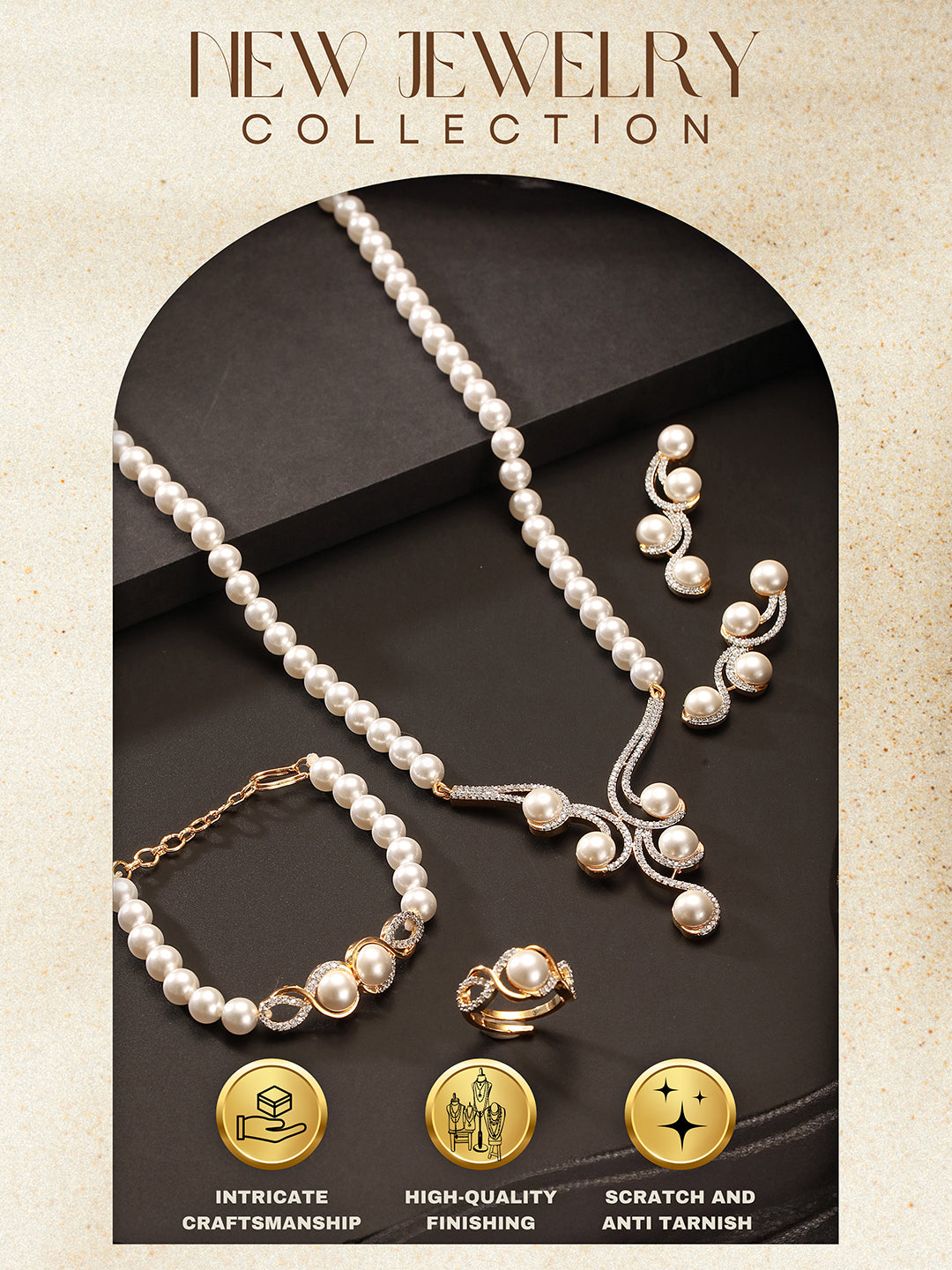 Combo Gold Plated White AD & Pearl Studded Floral Minial Ring, Bracelet With Earrings Jewellery Set