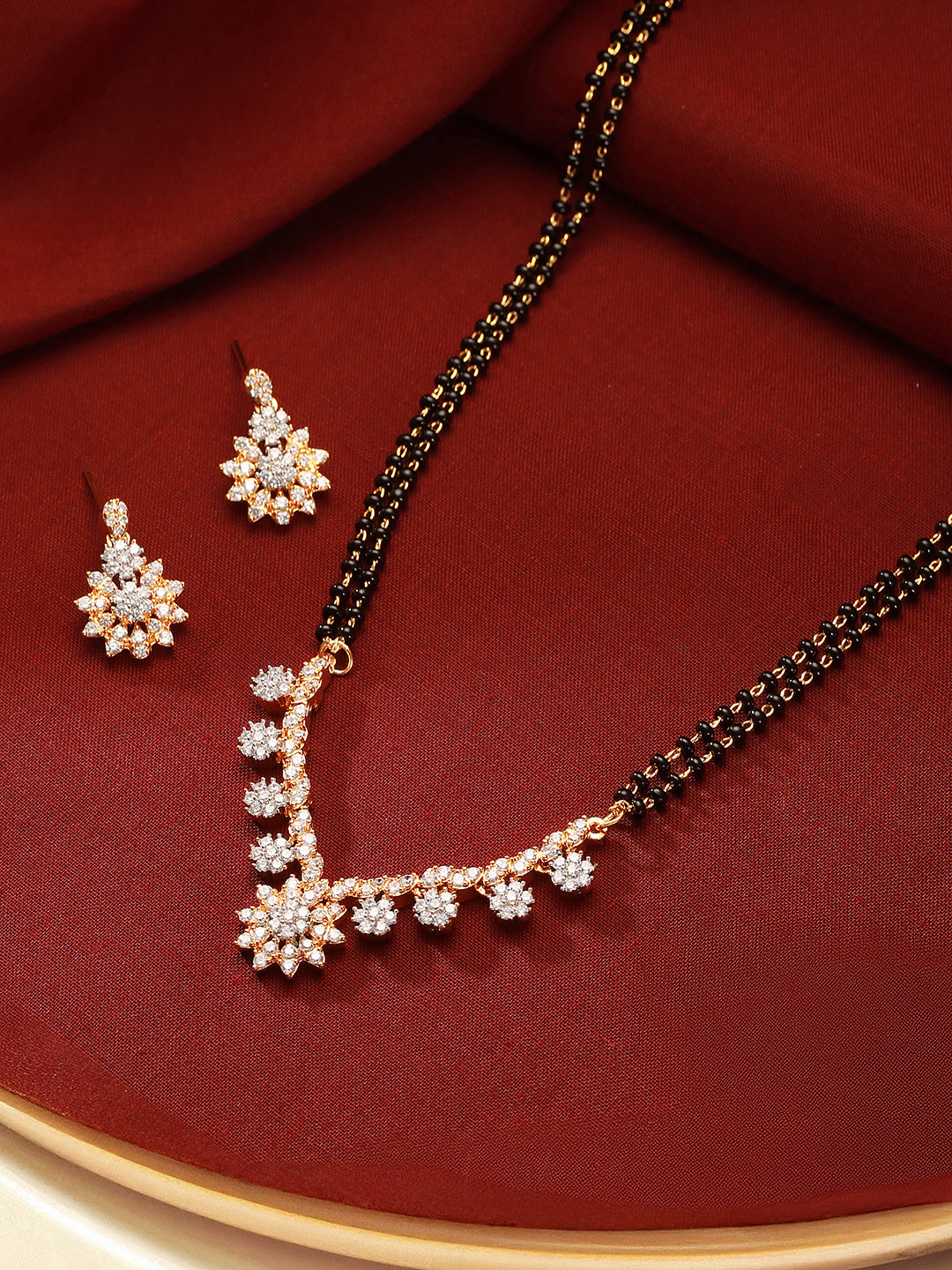 Gold Toned AD Studded Black Beads Studded  Designer Floral  Mangalsutra Jewellery Set