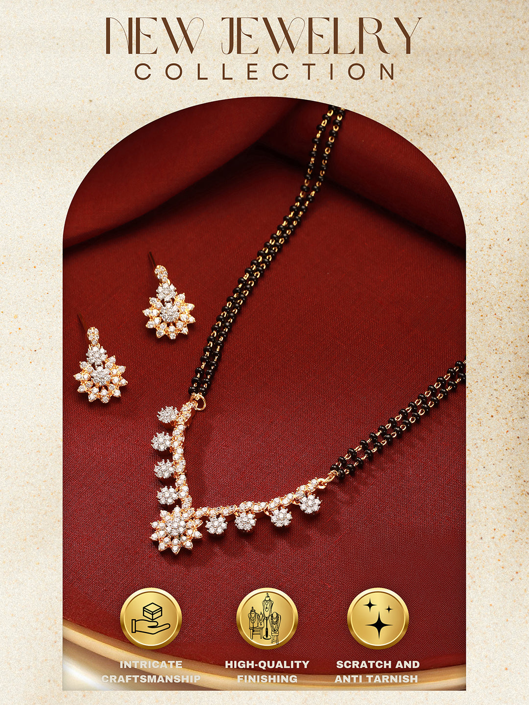 Gold Toned AD Studded Black Beads Studded  Designer Floral  Mangalsutra Jewellery Set