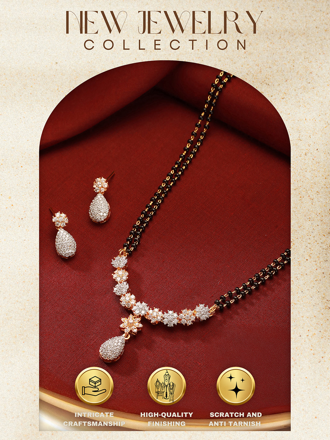 Gold Toned AD Studded Black Beads Studded  Designer Solitaire Type Mangalsutra Jewellery Set