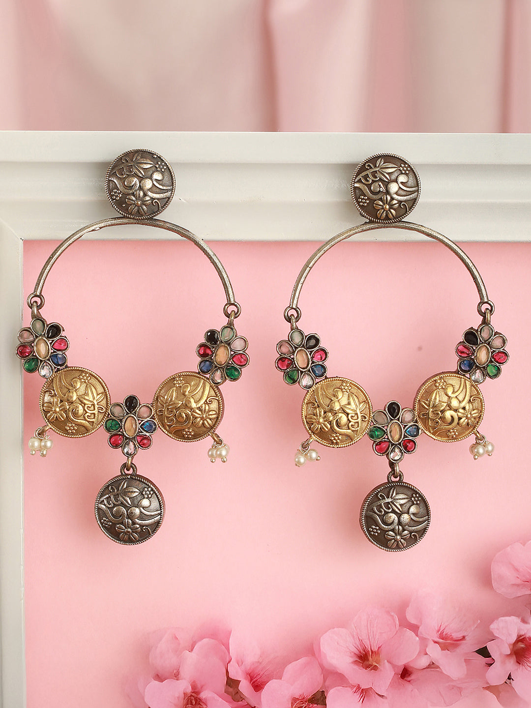Oxidised Dual Toned Red Stone Pearl Beaded Handcrafted  Floral  Filigree large  Hoop  Chandbali Earrings