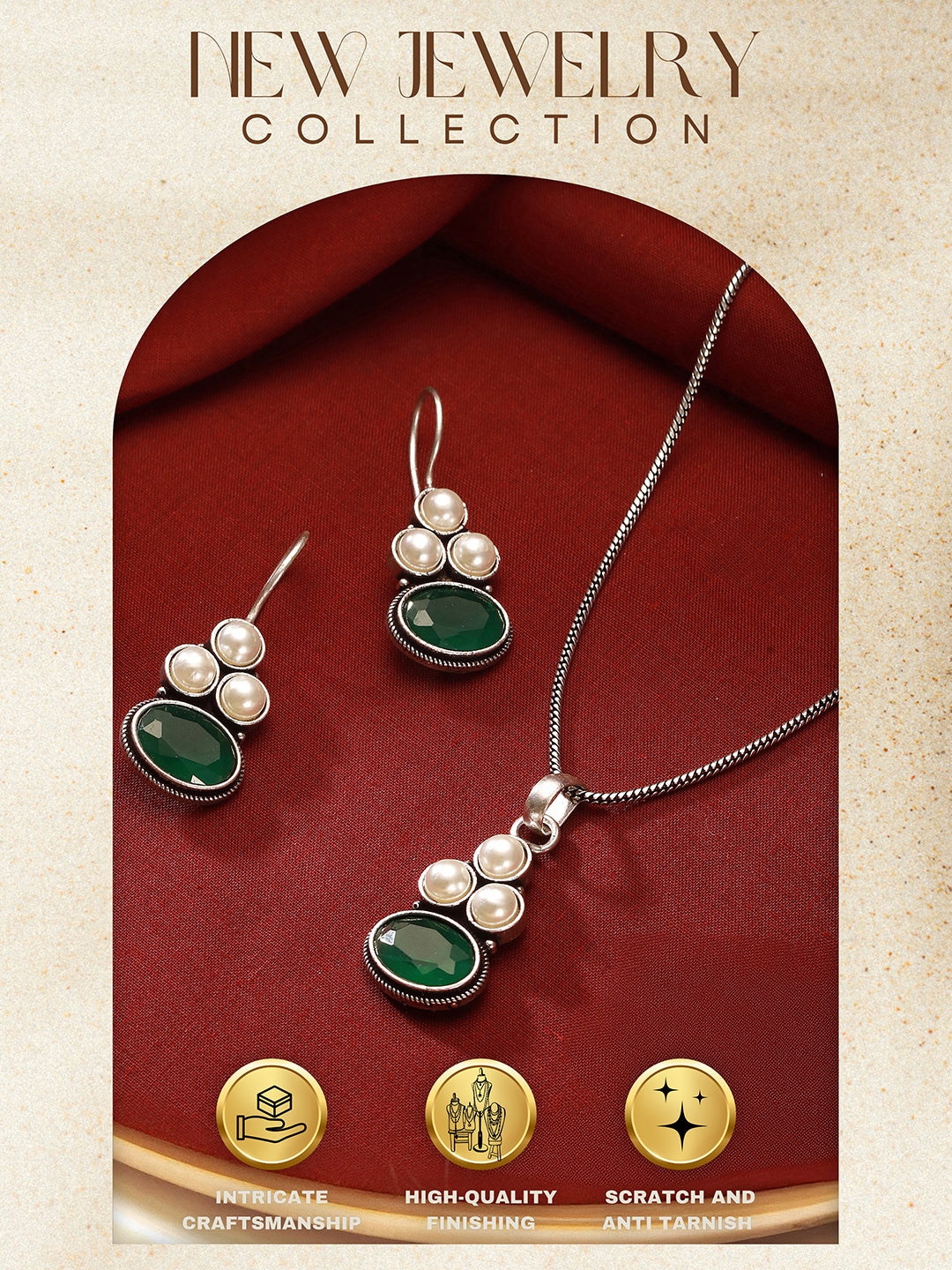 Oxidised Silver Toned Emerald Green Stone & Pearl Beaded Minimal Pendant Chain Jewellery Set