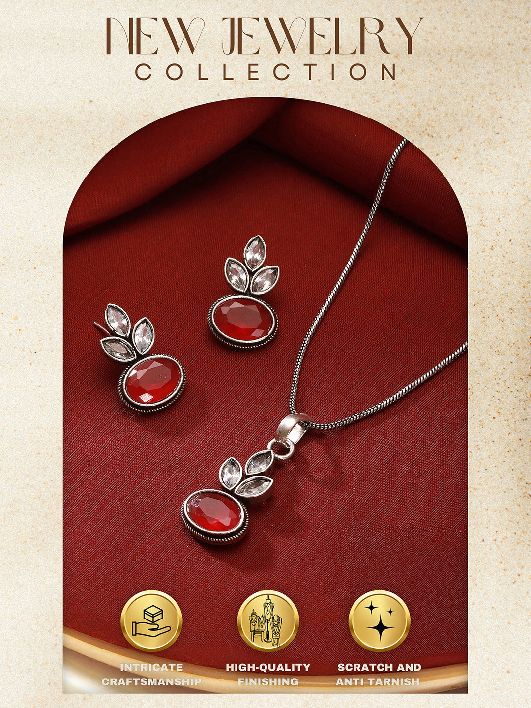 Oxidised Silver Toned Ruby Red  & White Stone Studded Floral Minimal Pendant Chain Jewellery Set