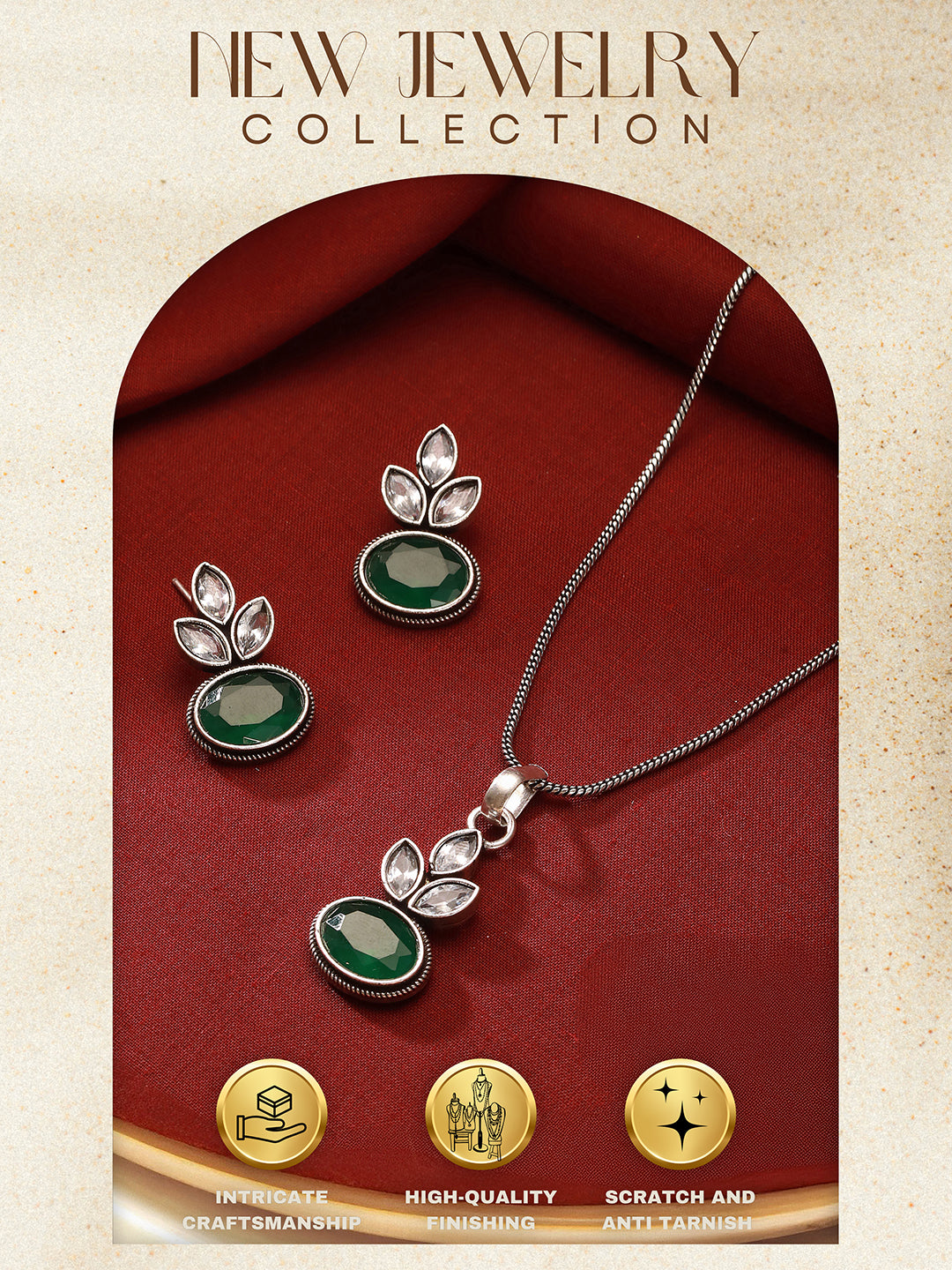 Oxidised Silver Toned  Emerald Green & white Stone Studded Floral Minimal Pendant Chain Jewellery Set