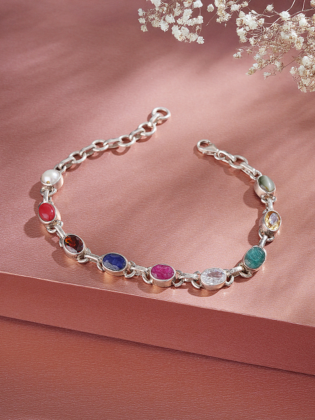 925 Silver Navratna  Natural Gemstones Studded Handmade Minimal Delicate Charms Adjustable Bracelet