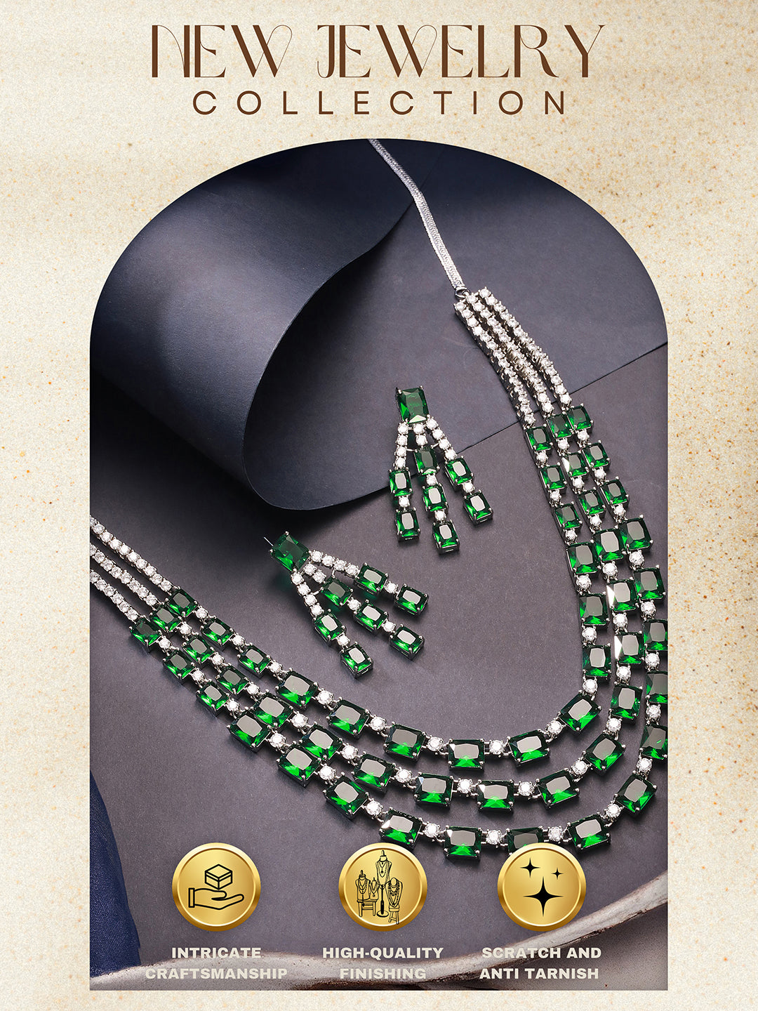 Silver Plated Emerald Green  AD Studded Layered Statement Necklace Jewellery Set