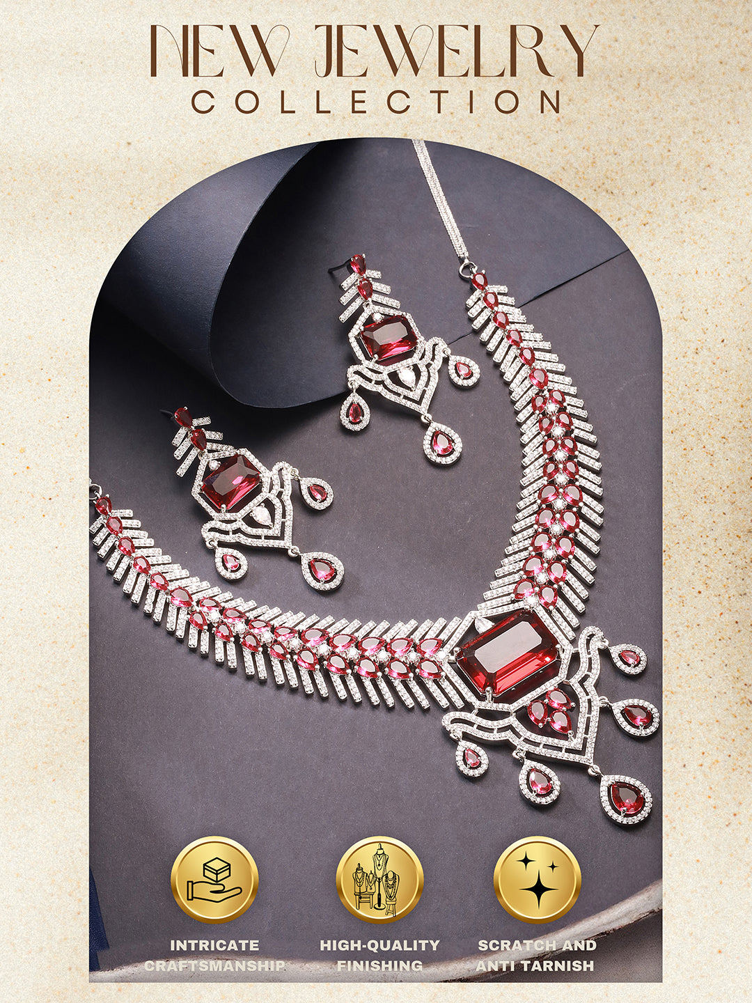 Silver Plated Ruby  Red  AD Studded  Statement Royal  Necklace Jewellery Set