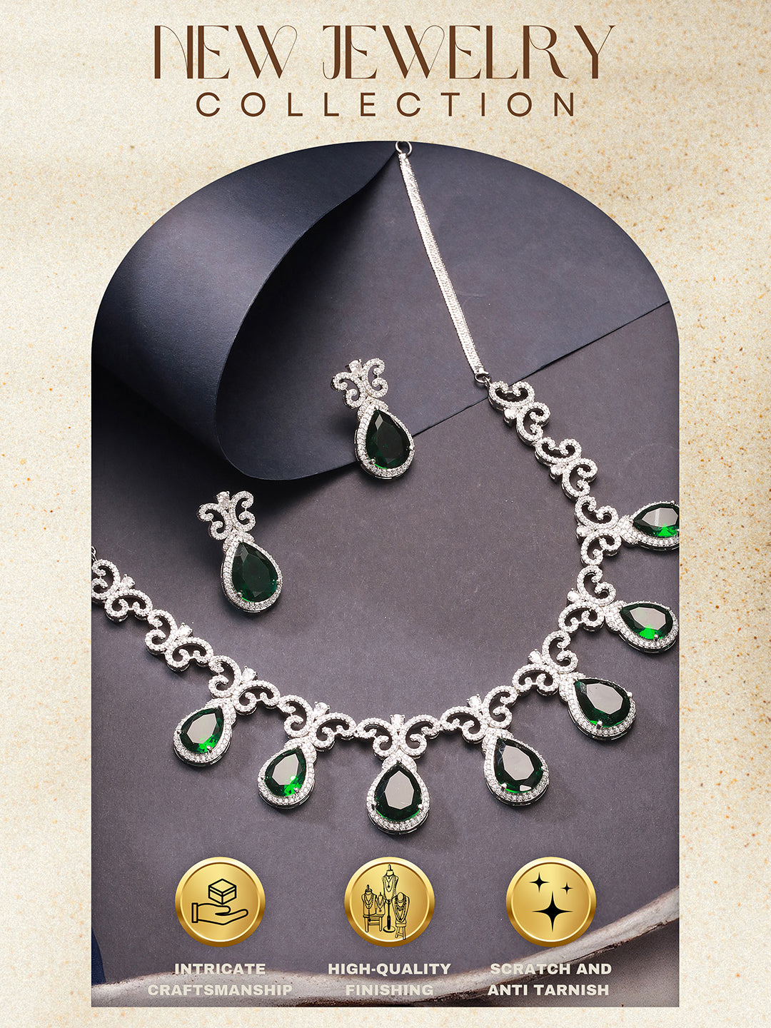 Silver Plated Emerald Green  AD Studded Floral Statement Necklace Jewellery Set