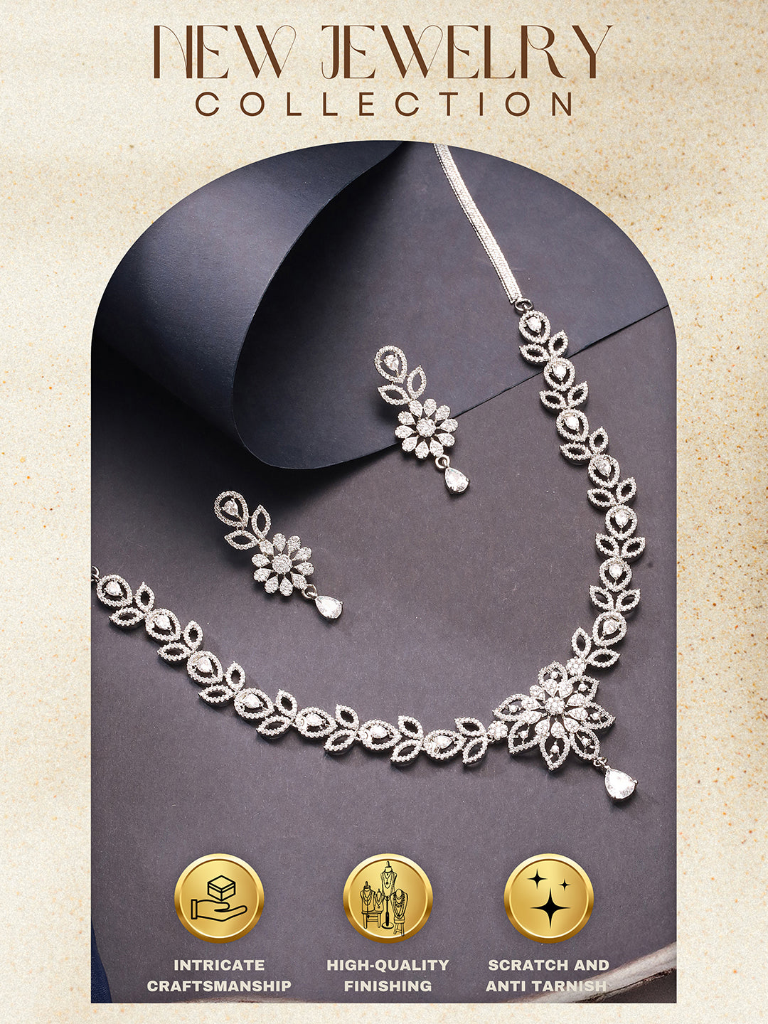 White Rhodium AD Studded Floral Design Statement Pendant Neckalce jewellery Set