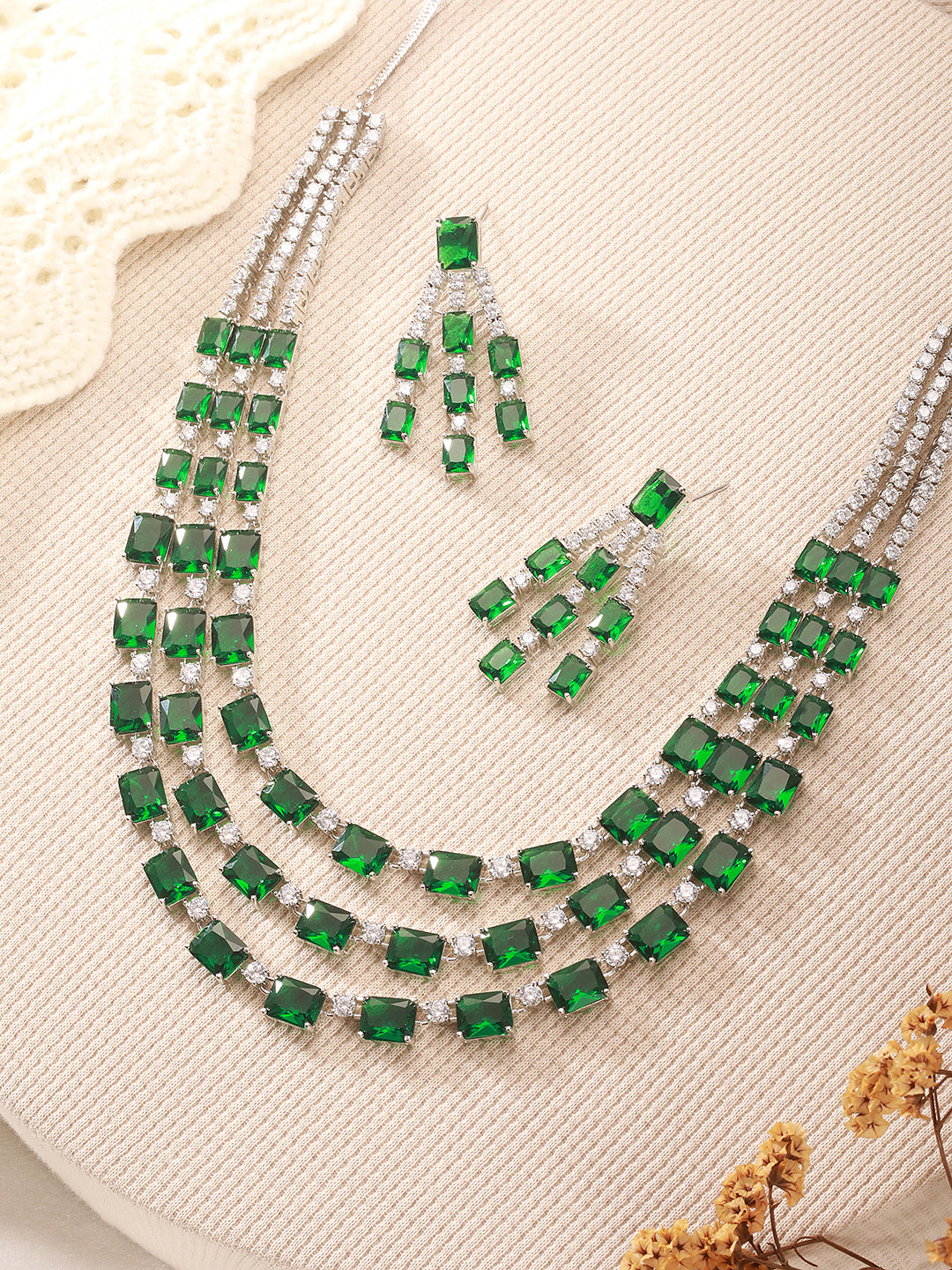 Silver Plated Emerald Green  AD Studded Layered Statement Necklace Jewellery Set