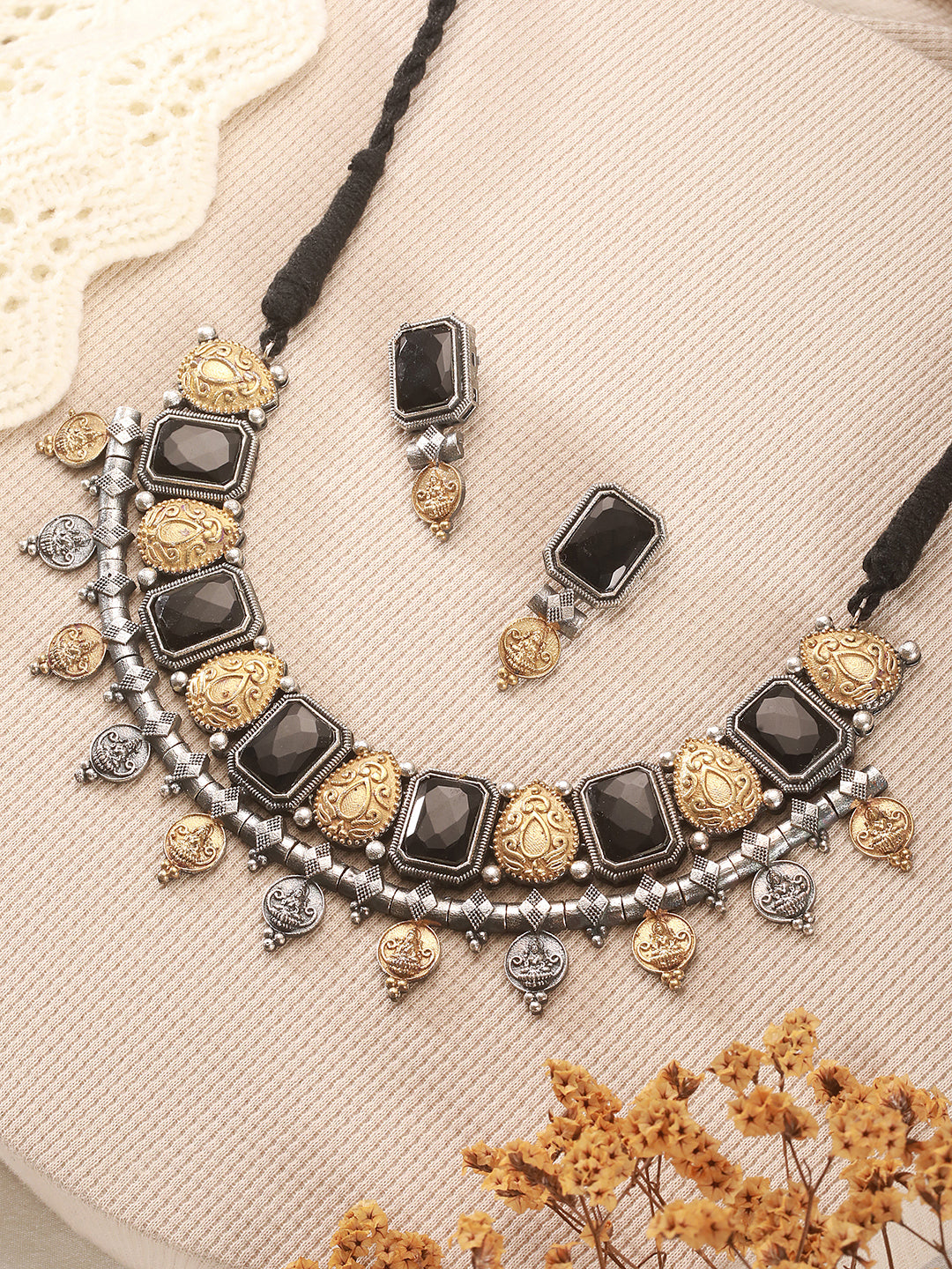 Oxidised Dual Toned Black Stone Studded Contemporary  Tribal  Lakshmiji Motif Choker Jewellery Set