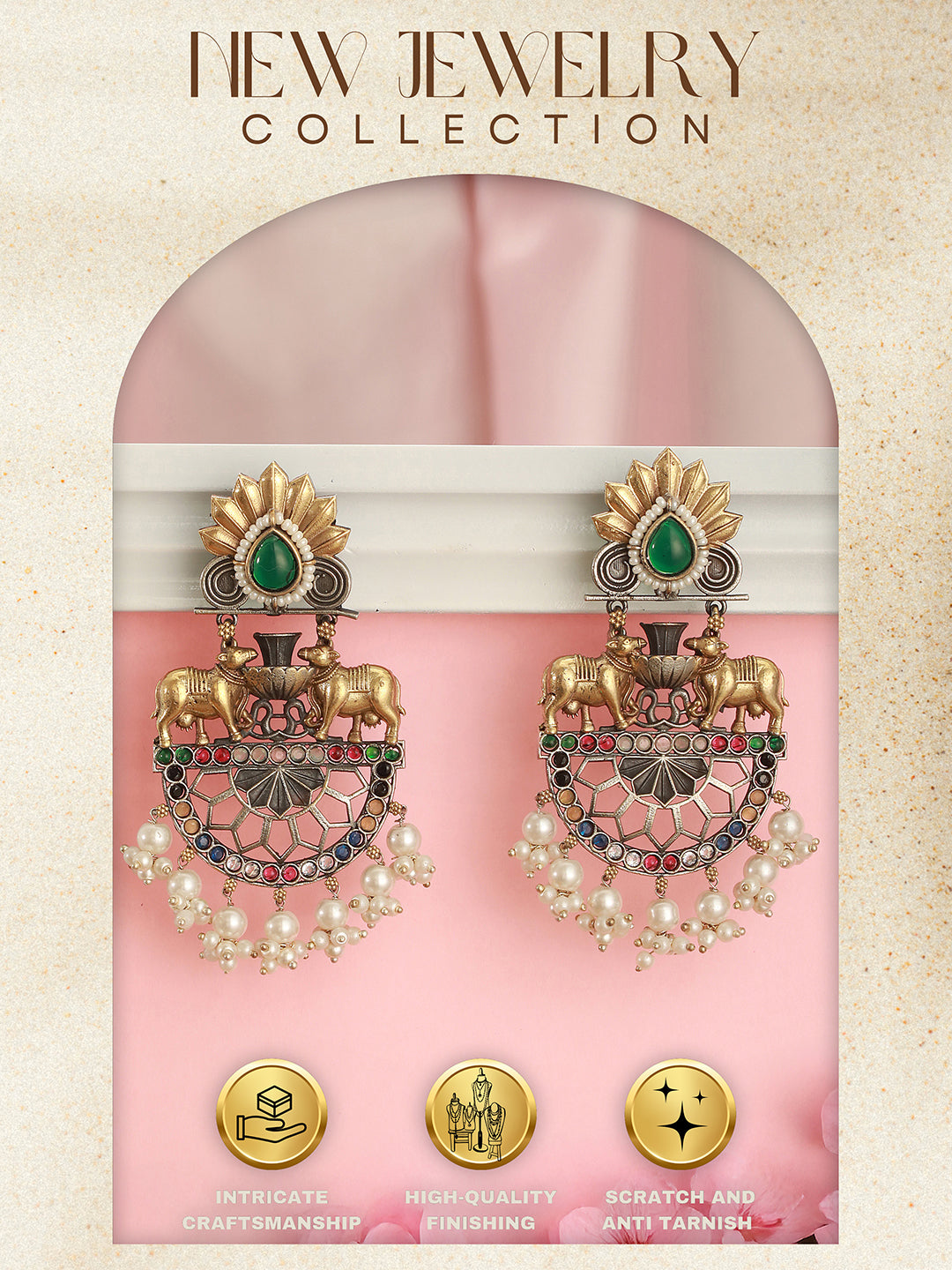 Antique Gold Oxidised Emerald Green Stone & Pearl Beaded Nandi Motif  Tribal Contemporary Chandbali Dangler Earrings