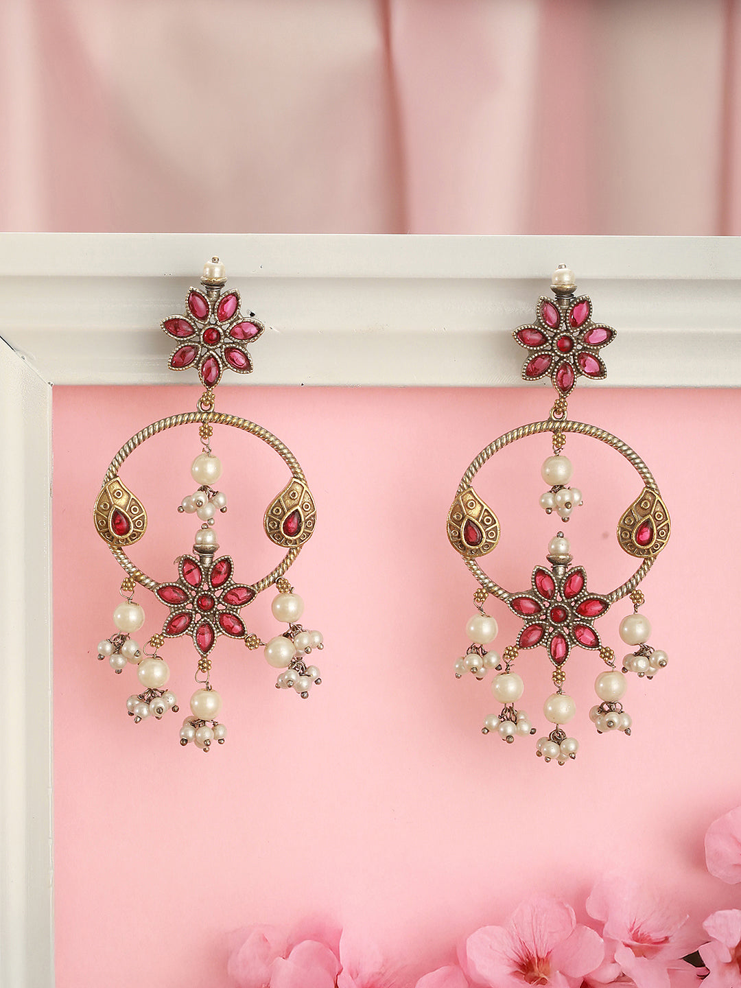 Antique Gold-Toned Pink Stones With Pearl Drop  Floral Hoop Contemporary  Earrings