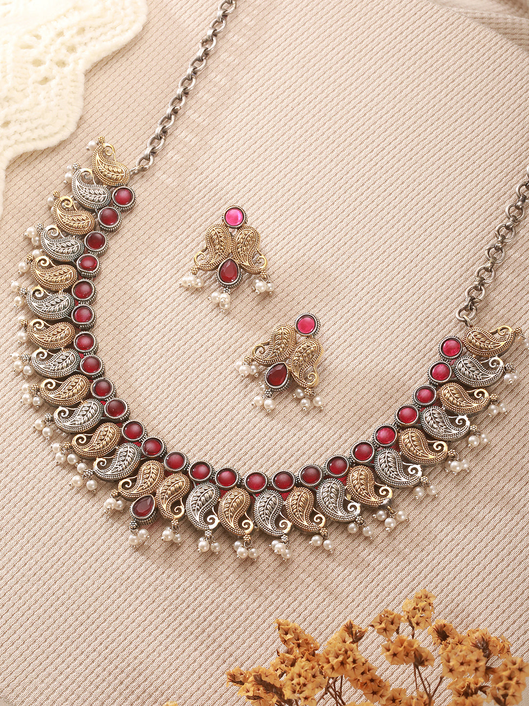 Oxidised Dual Toned Red Stoned Mango Design Statement Choker Jewellery Set