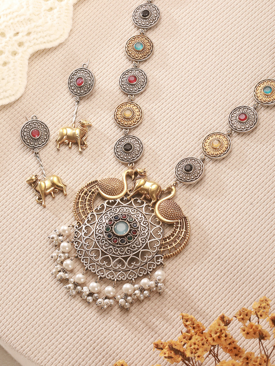 Oxidised Dual Toned Statement Peacock & Bull Motif Tribal Haram Pendant Style Jewellery Set