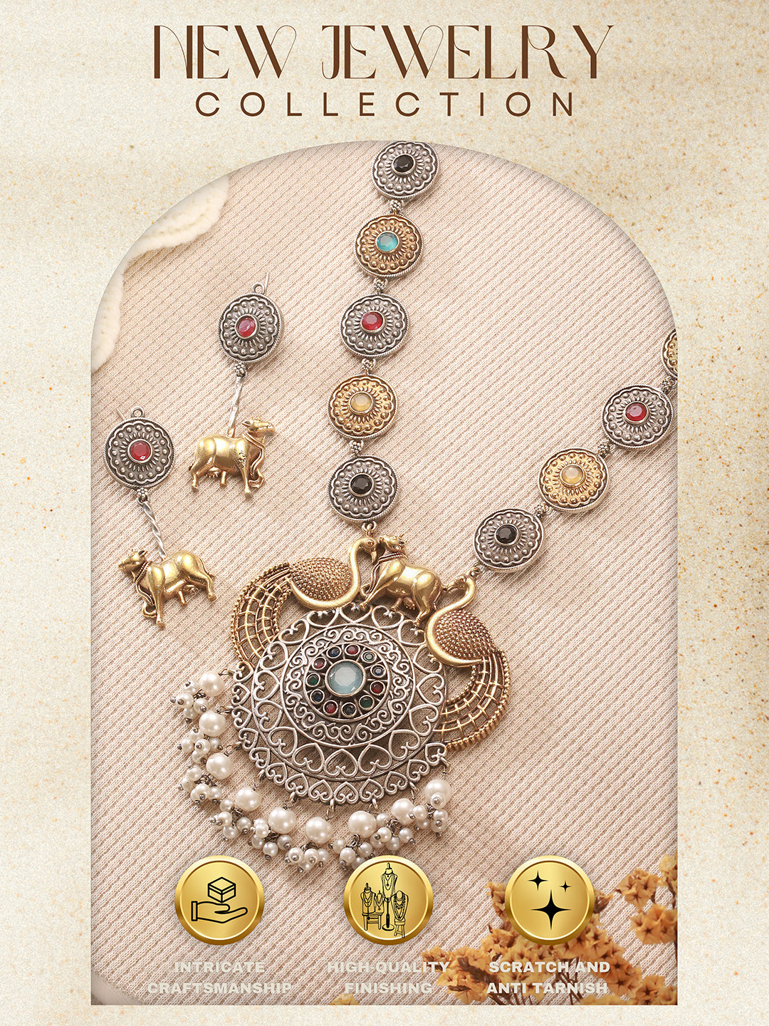 Oxidised Dual Toned Statement Peacock & Bull Motif Tribal Haram Pendant Style Jewellery Set