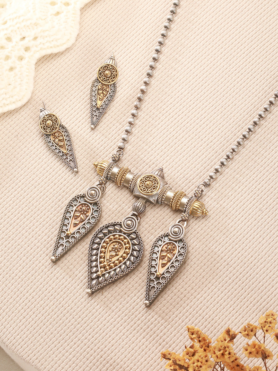 Oxidised Dual Toned Long Haram Leafy  Statement Tribal Pendant Jewellery Set