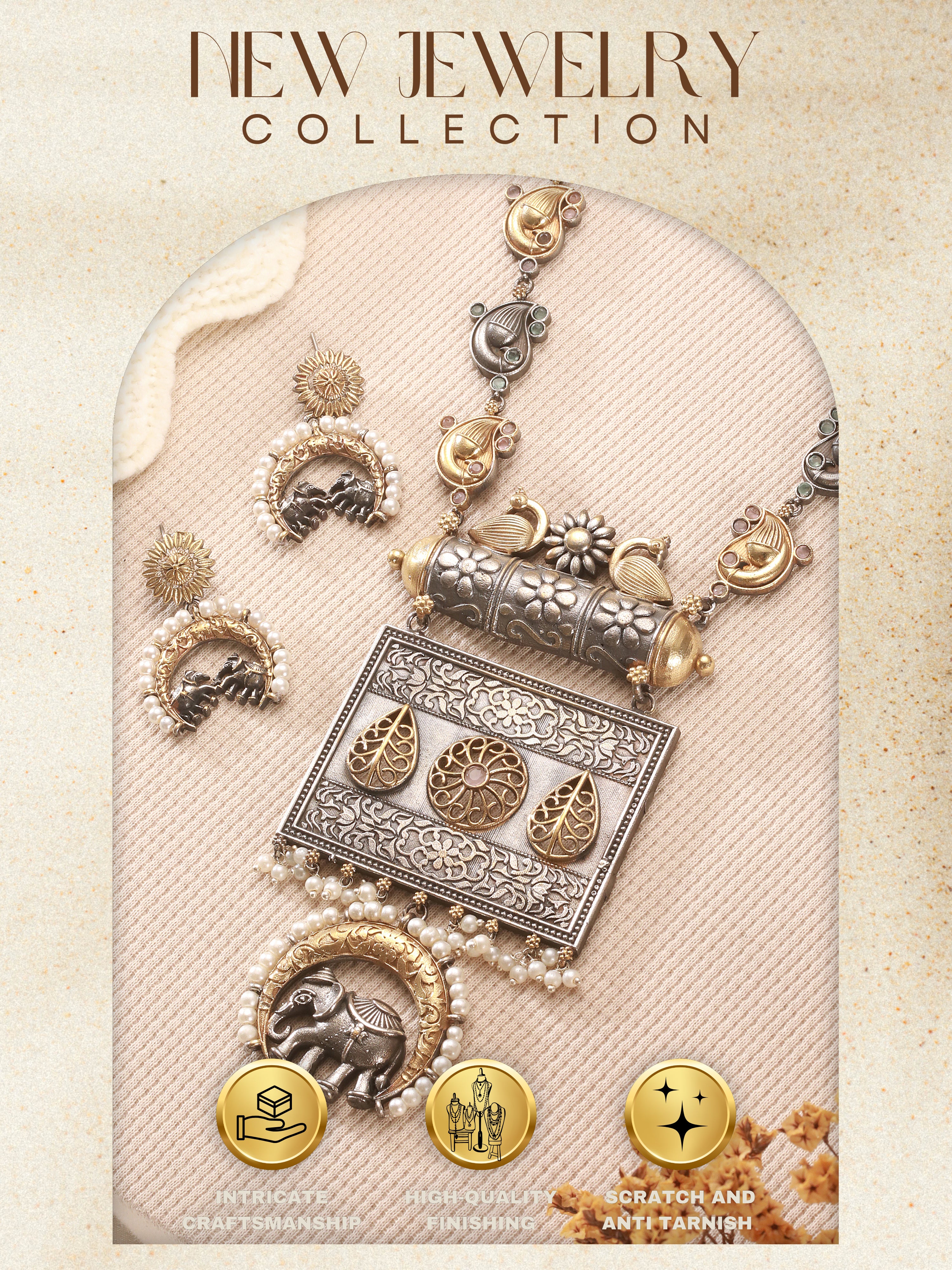 Oxidised Dual Toned Statement Fusion Tribal Elephant Leafy Contemporary Long Pendant Jewellery Set