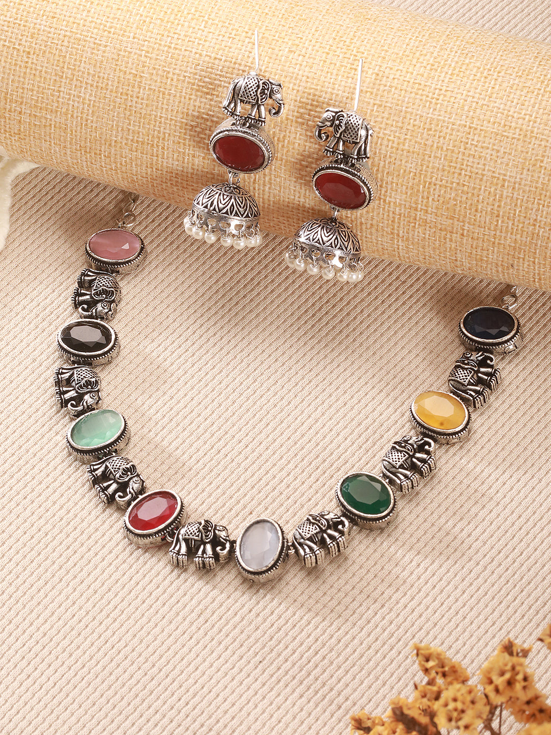 Oxidised Silver Toned Navratan Multicolored Elephant Motif Statement Choker Jewellery Set